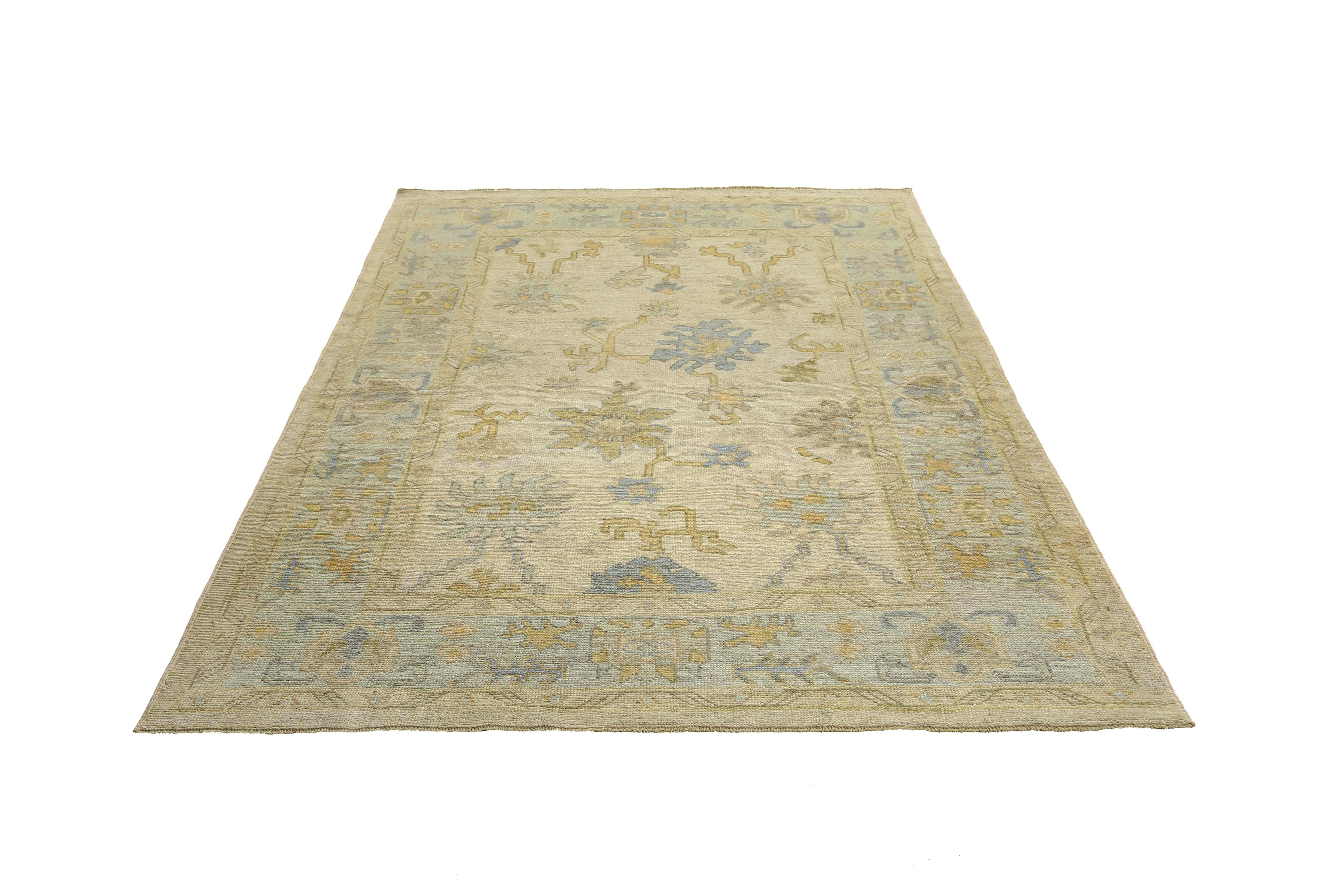 Hand-Woven Handmade Turkish Oushak Rug with Floral Design For Sale