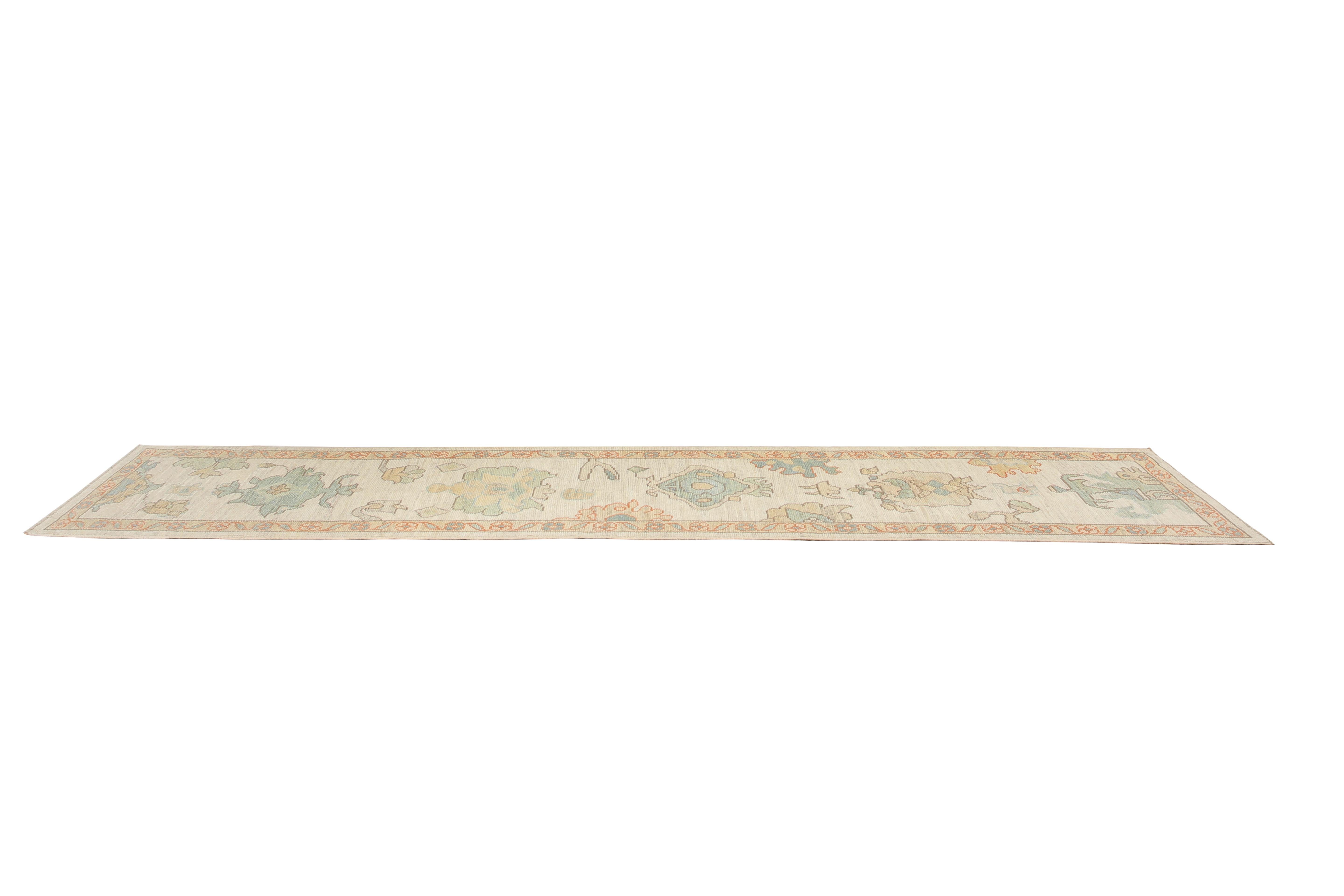 Hand-Woven Handmade Turkish Oushak Runner with Bright Florals For Sale