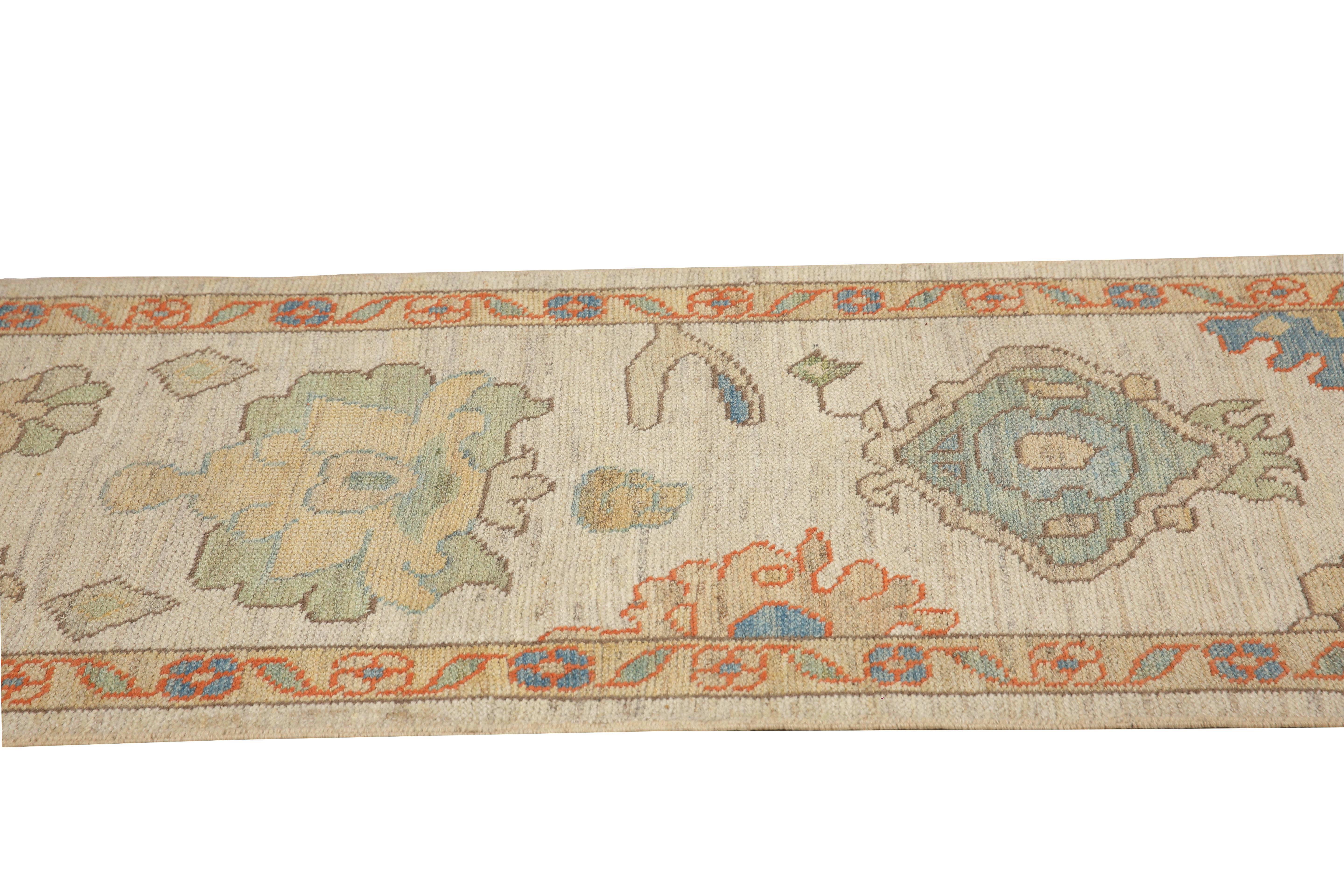 Contemporary Handmade Turkish Oushak Runner with Bright Florals For Sale