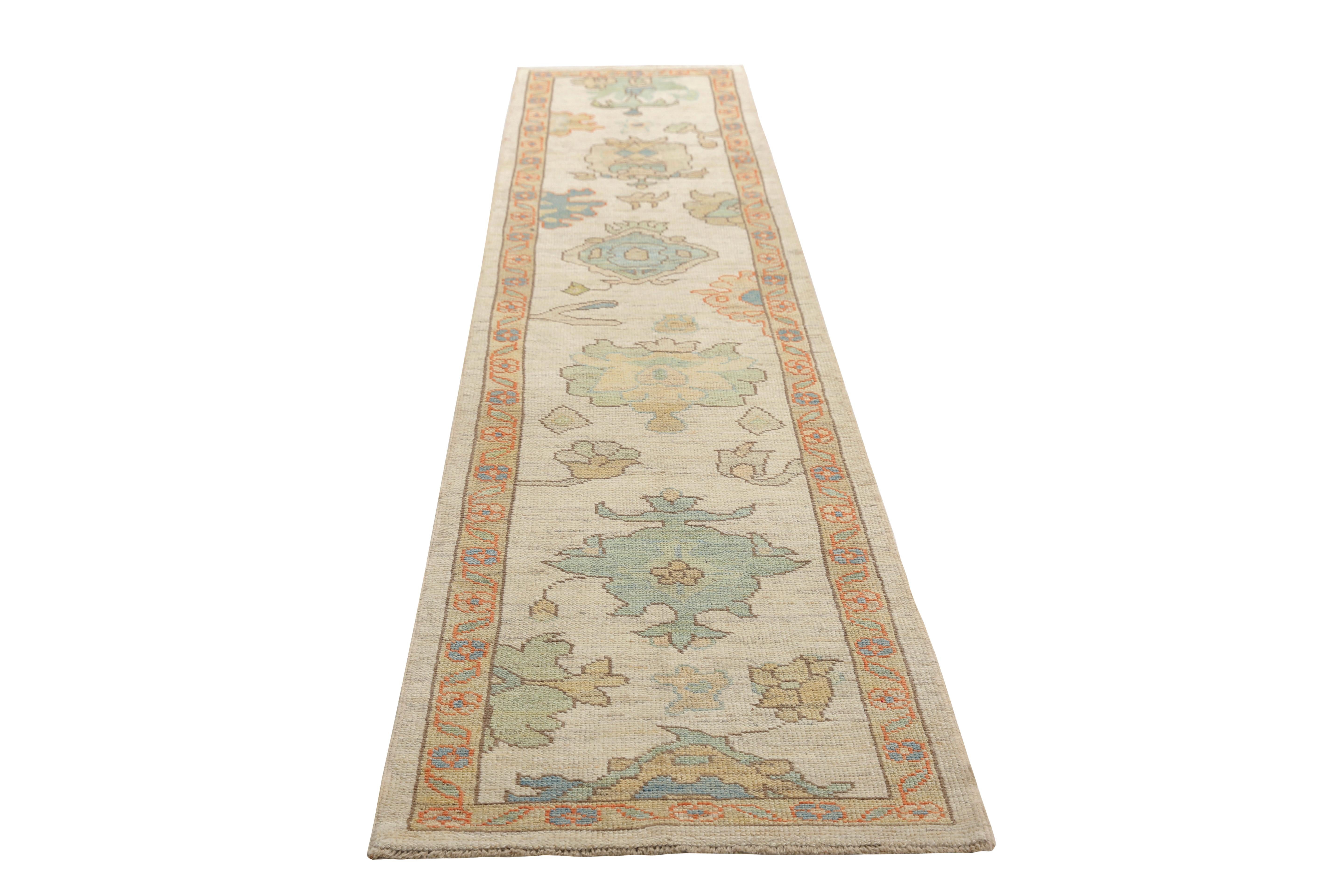 Wool Handmade Turkish Oushak Runner with Bright Florals For Sale