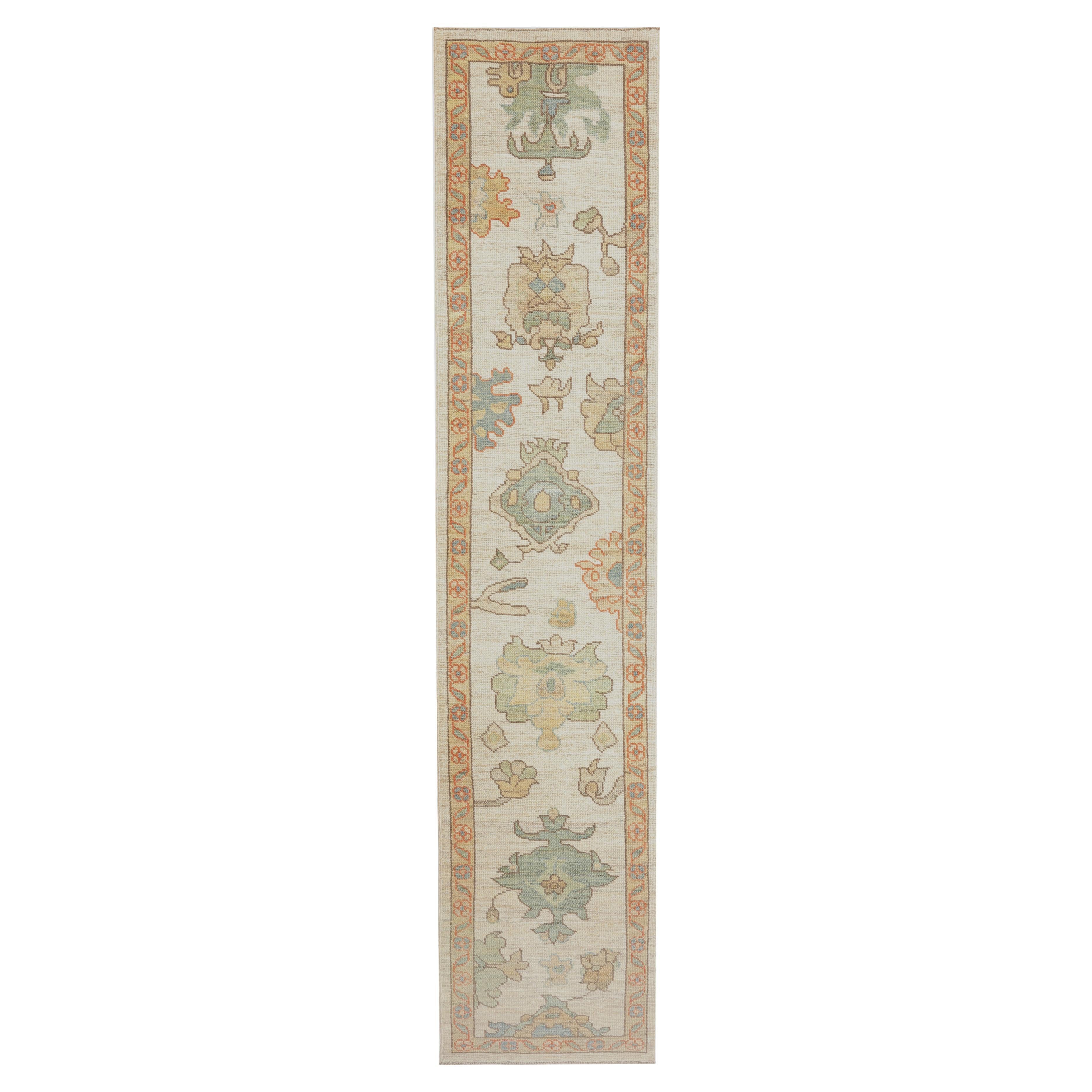 Handmade Turkish Oushak Runner with Bright Florals For Sale