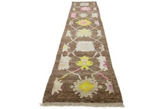 Handmade Turkish Oushak Wool Runner In Brown With Floral Design