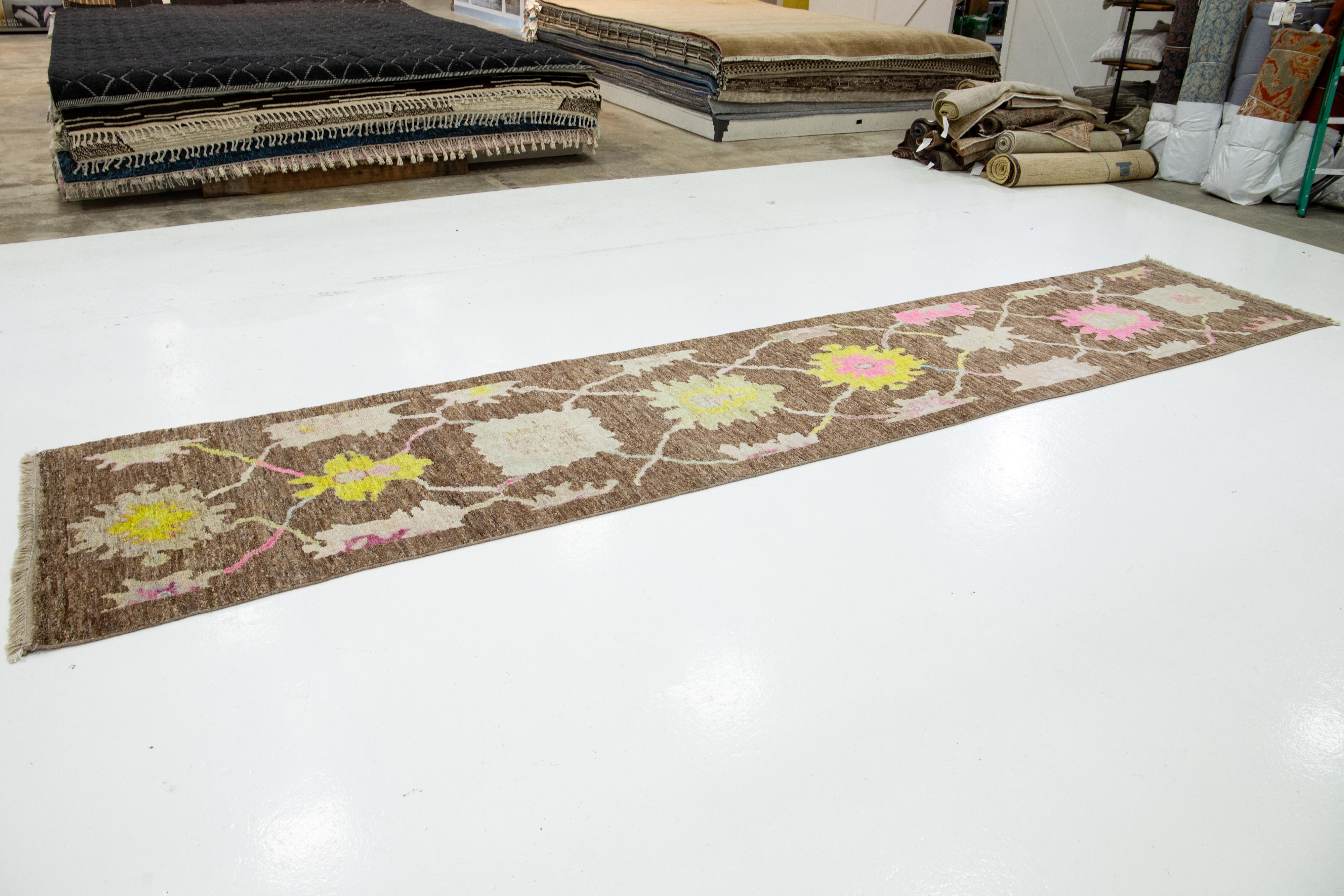 Contemporary Handmade Turkish Oushak Wool Runner In Brown With Floral Design For Sale