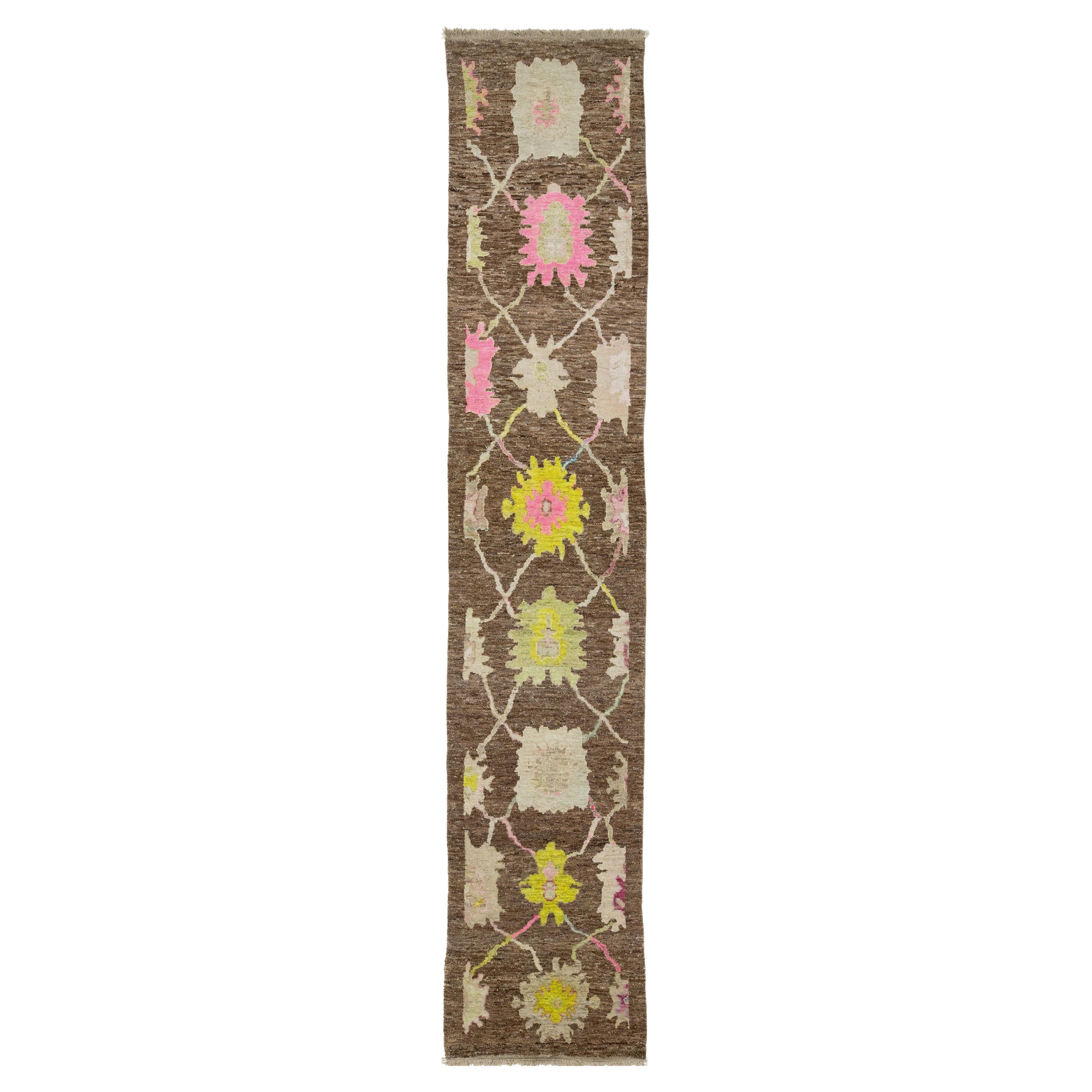Handmade Turkish Oushak Wool Runner In Brown With Floral Design For Sale