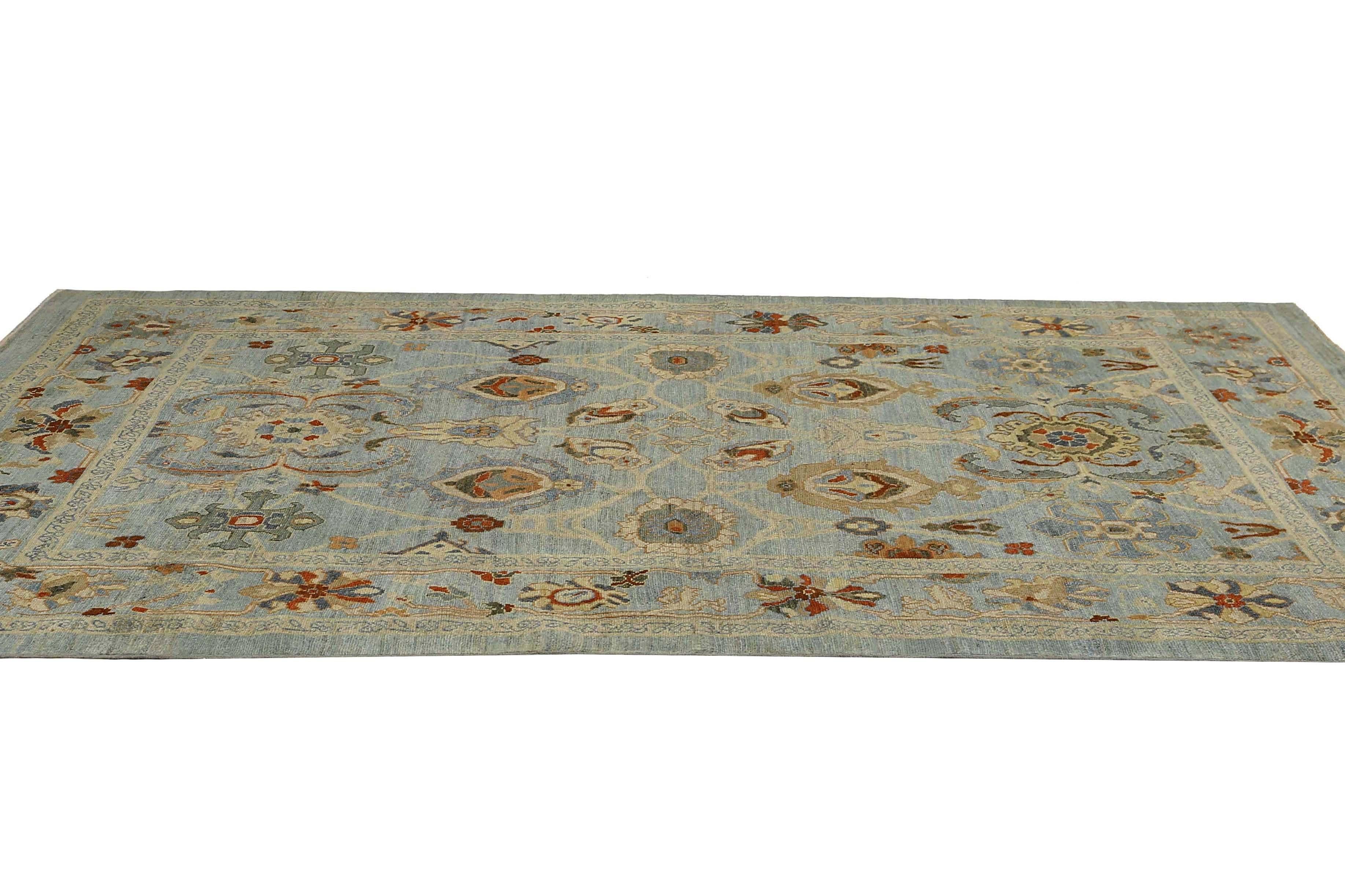 Handmade Turkish Sultanabad Rug in Blue Grey and Green For Sale 4