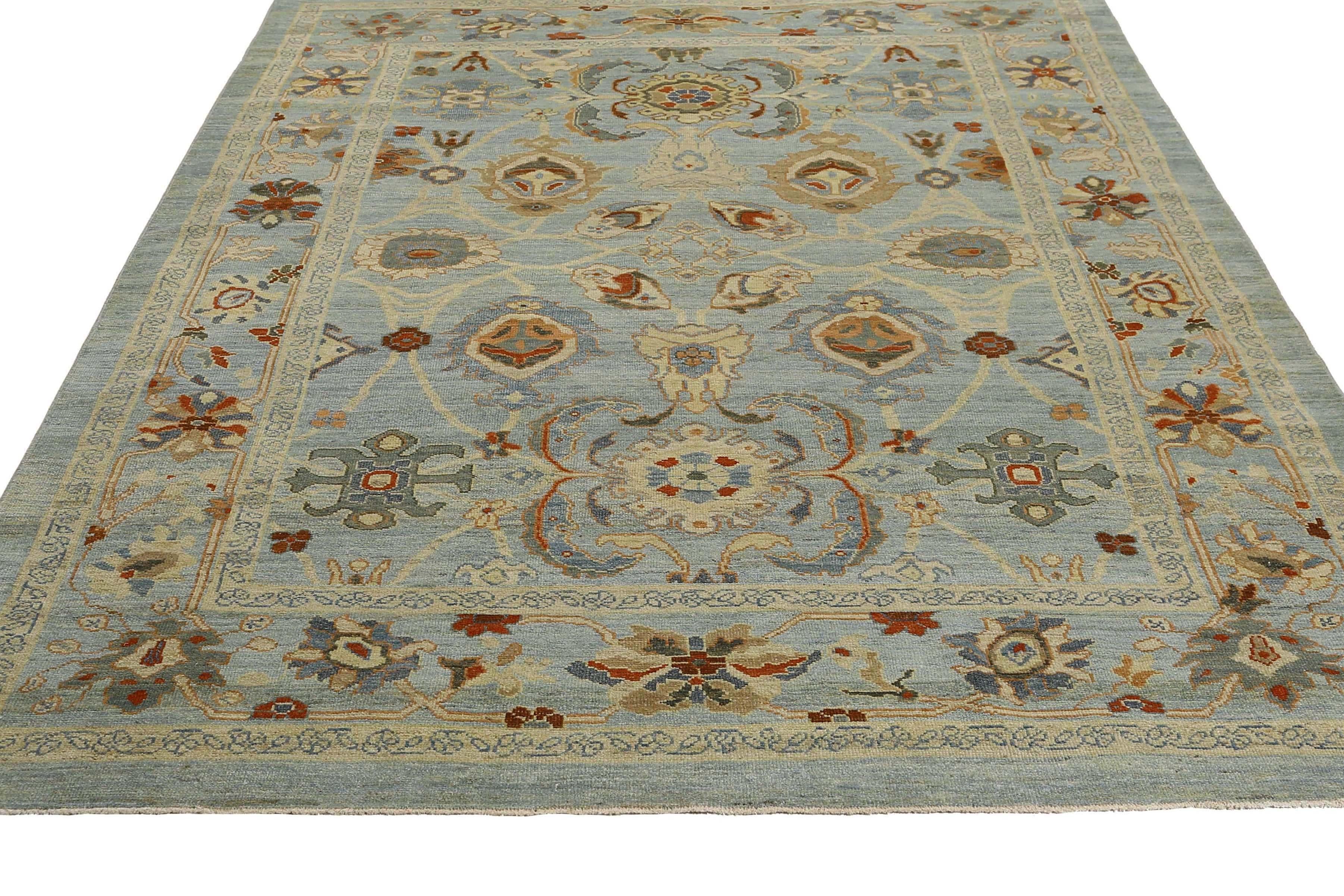 Handmade Turkish Sultanabad Rug in Blue Grey and Green For Sale 6