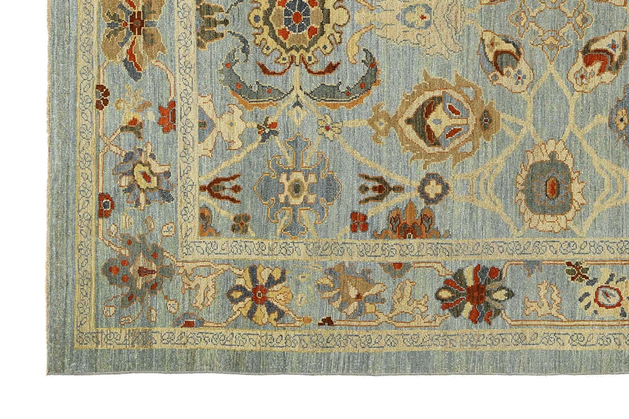 Handmade Turkish Sultanabad Rug in Blue Grey and Green For Sale 7