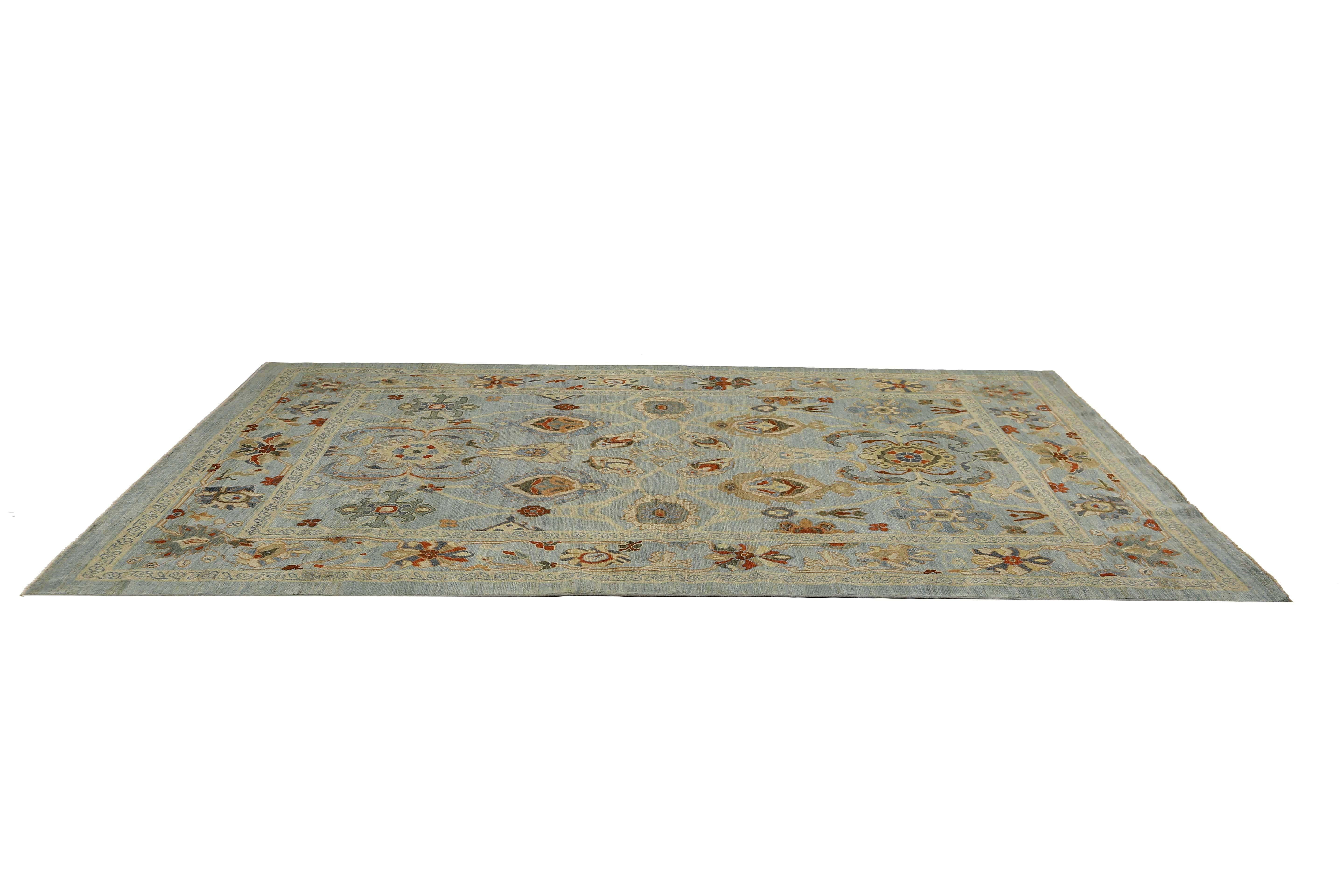 Contemporary Handmade Turkish Sultanabad Rug in Blue Grey and Green For Sale