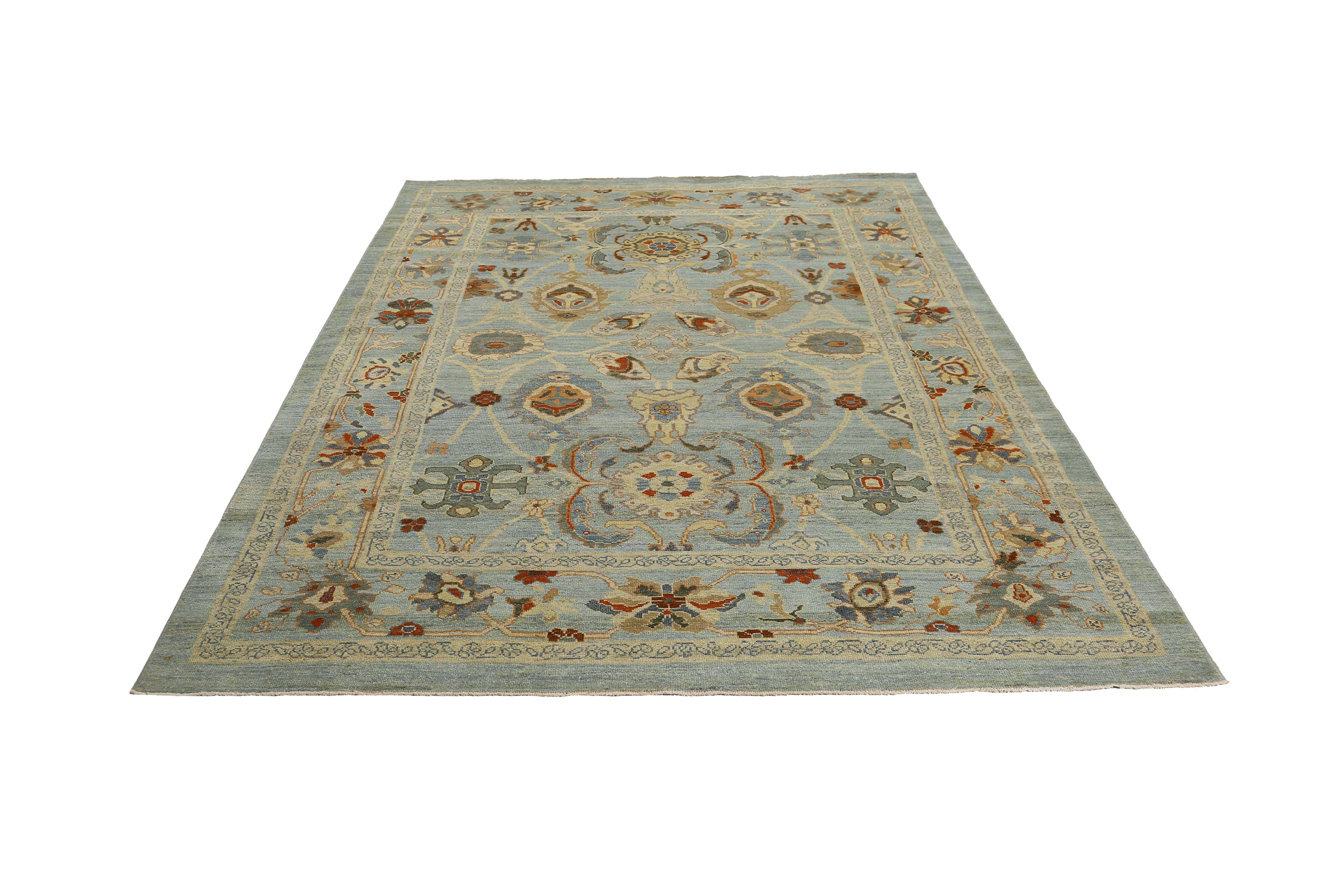 Wool Handmade Turkish Sultanabad Rug in Blue Grey and Green For Sale