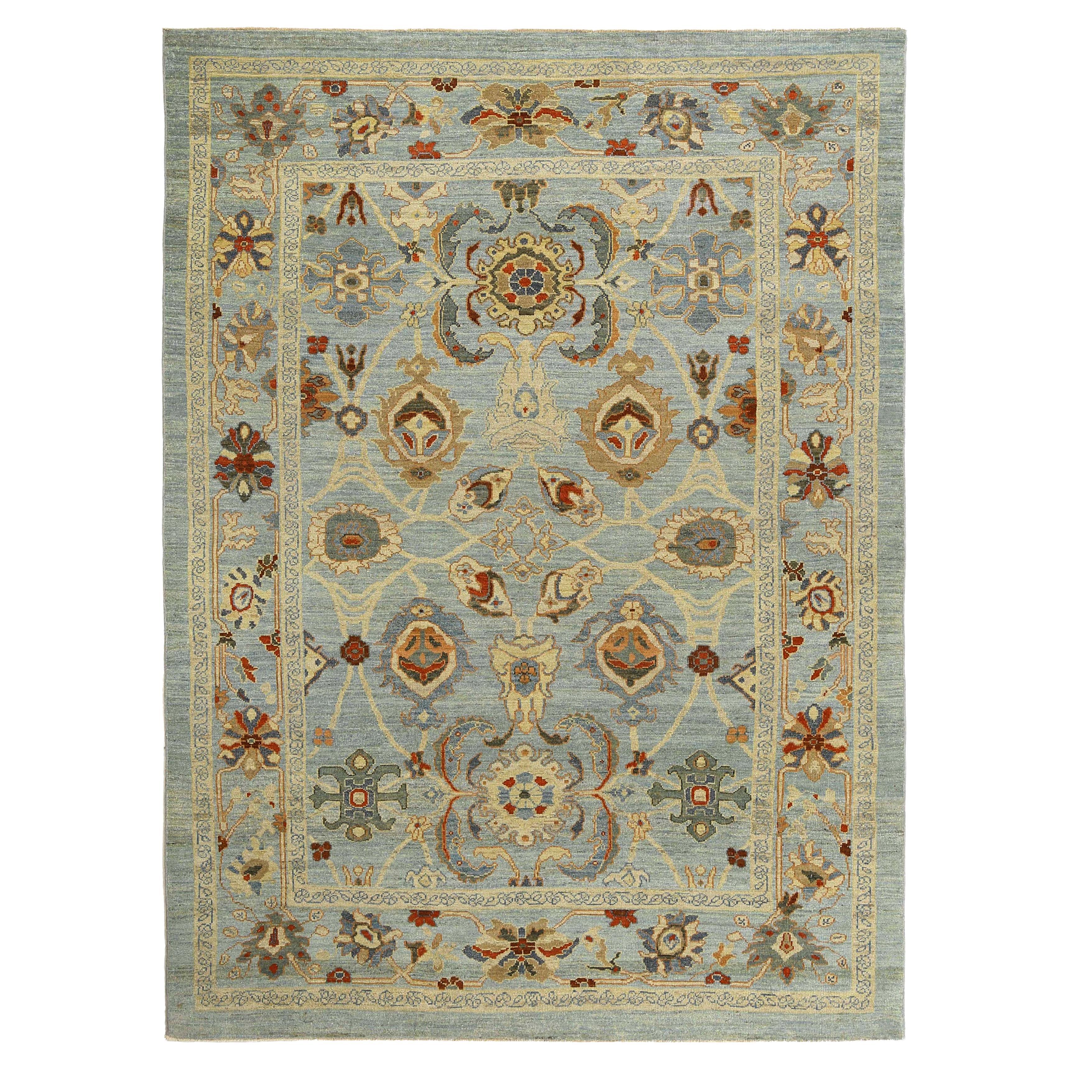 Handmade Turkish Sultanabad Rug in Blue Grey and Green For Sale