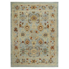 Handmade Turkish Sultanabad Rug in Blue Grey and Green