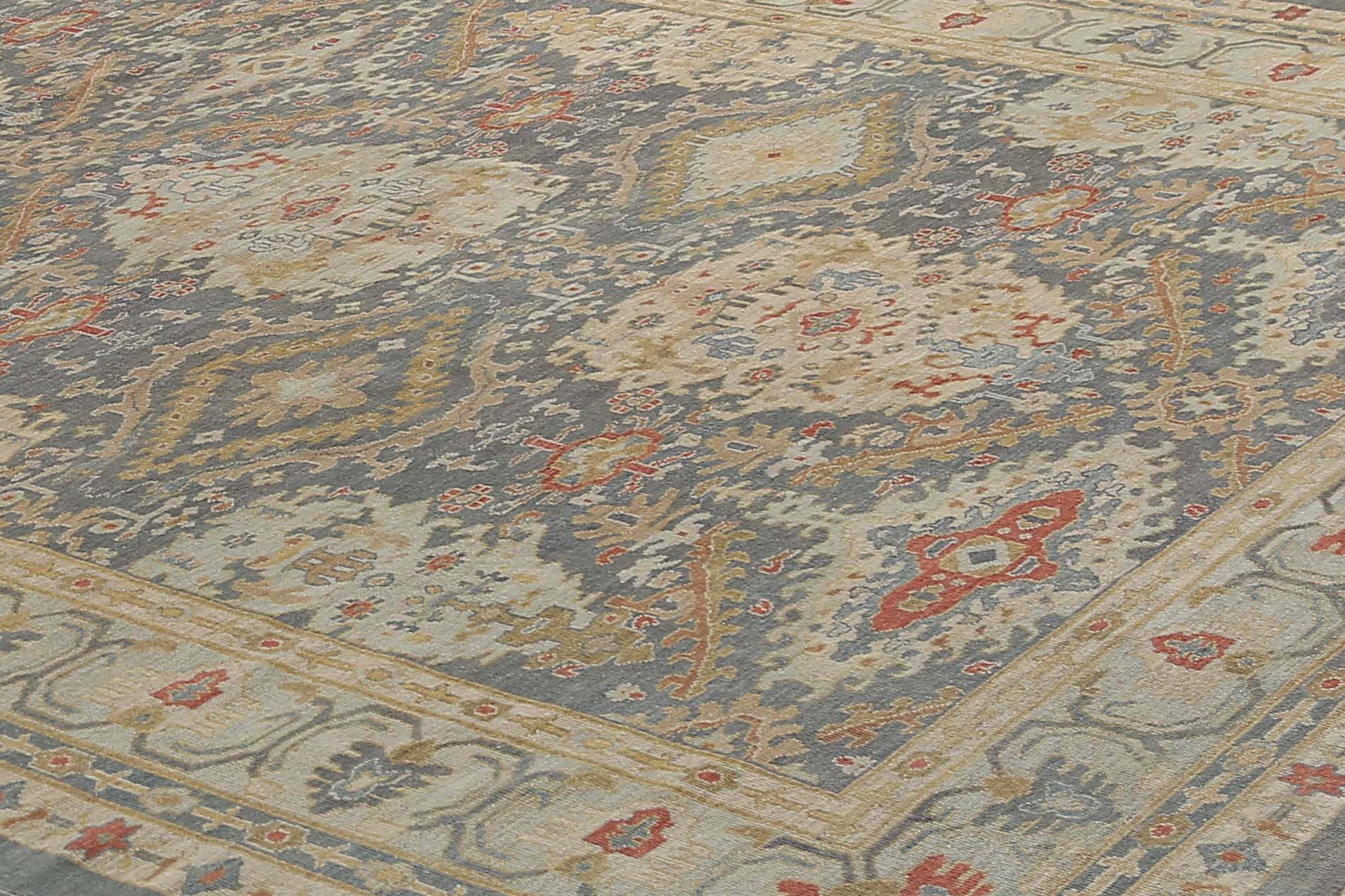 This exquisite Turkish sultanabad rug is a true masterpiece, measuring 12'3'' by 18'6''. Handmade with the utmost care and attention to detail, this rug boasts a stunning color palette of blue, red, and yellow. The intricate design features a