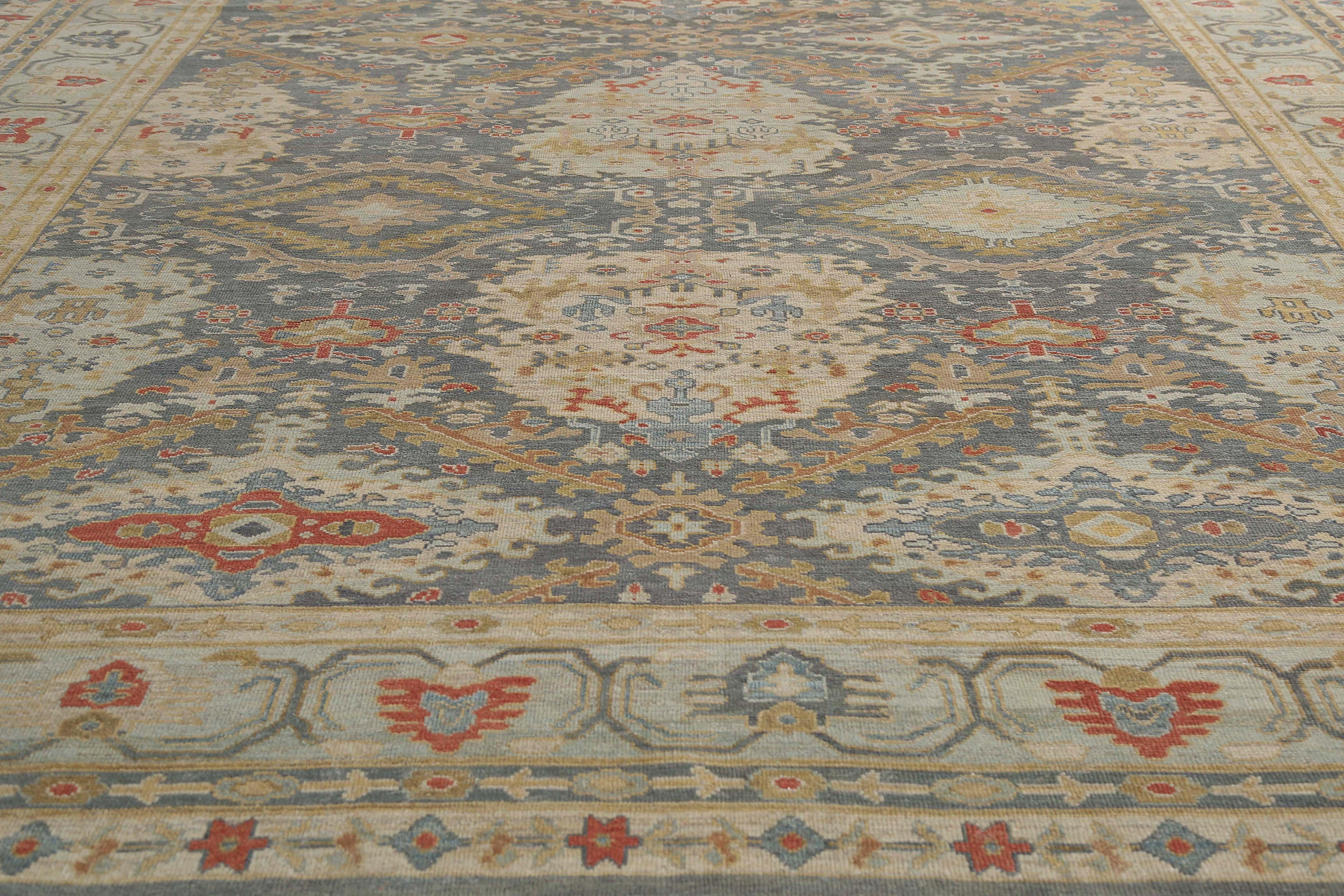 Hand-Woven Handmade Turkish Sultanabad Rug in Blue, Red, and Yellow For Sale