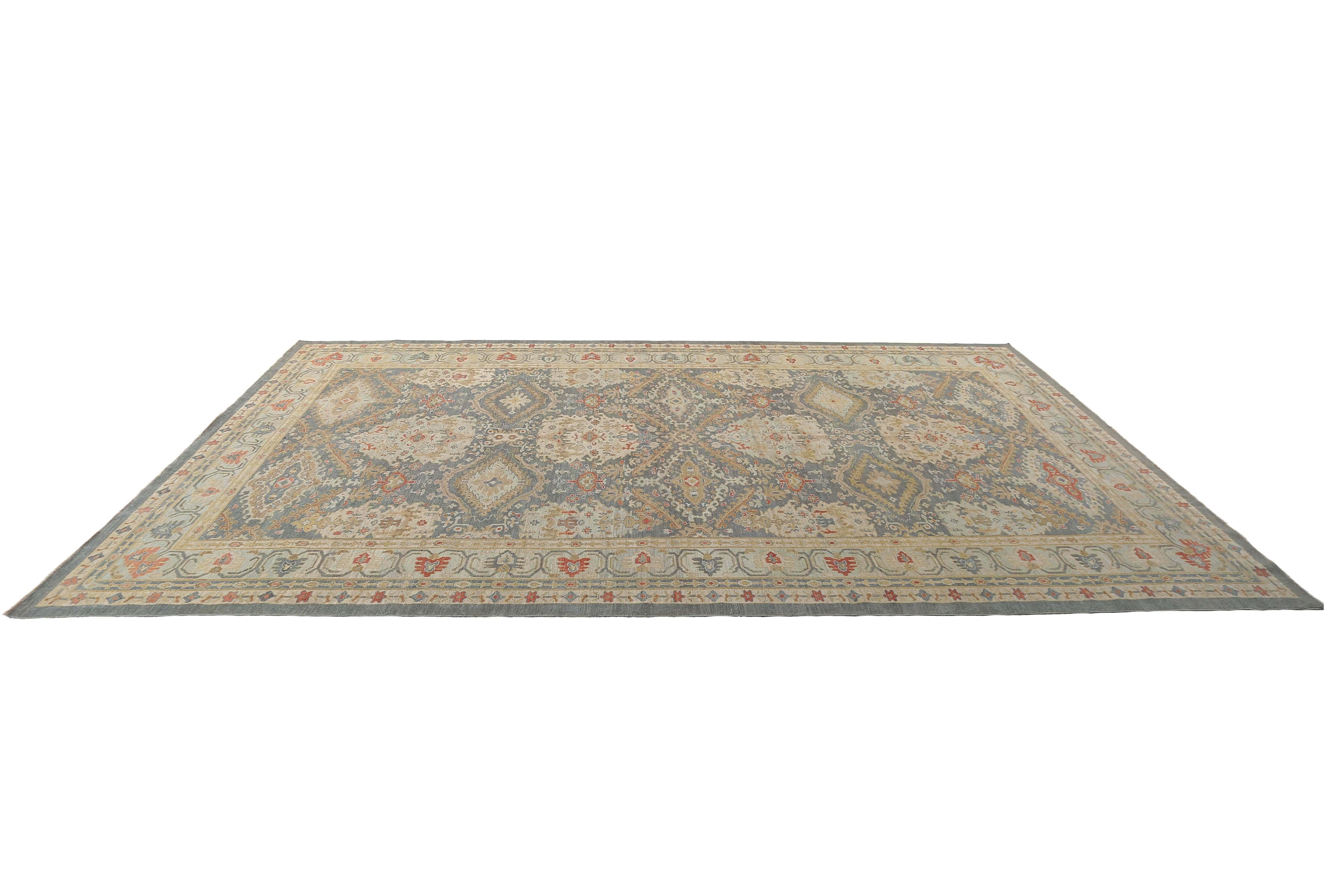 Handmade Turkish Sultanabad Rug in Blue, Red, and Yellow In New Condition For Sale In Dallas, TX