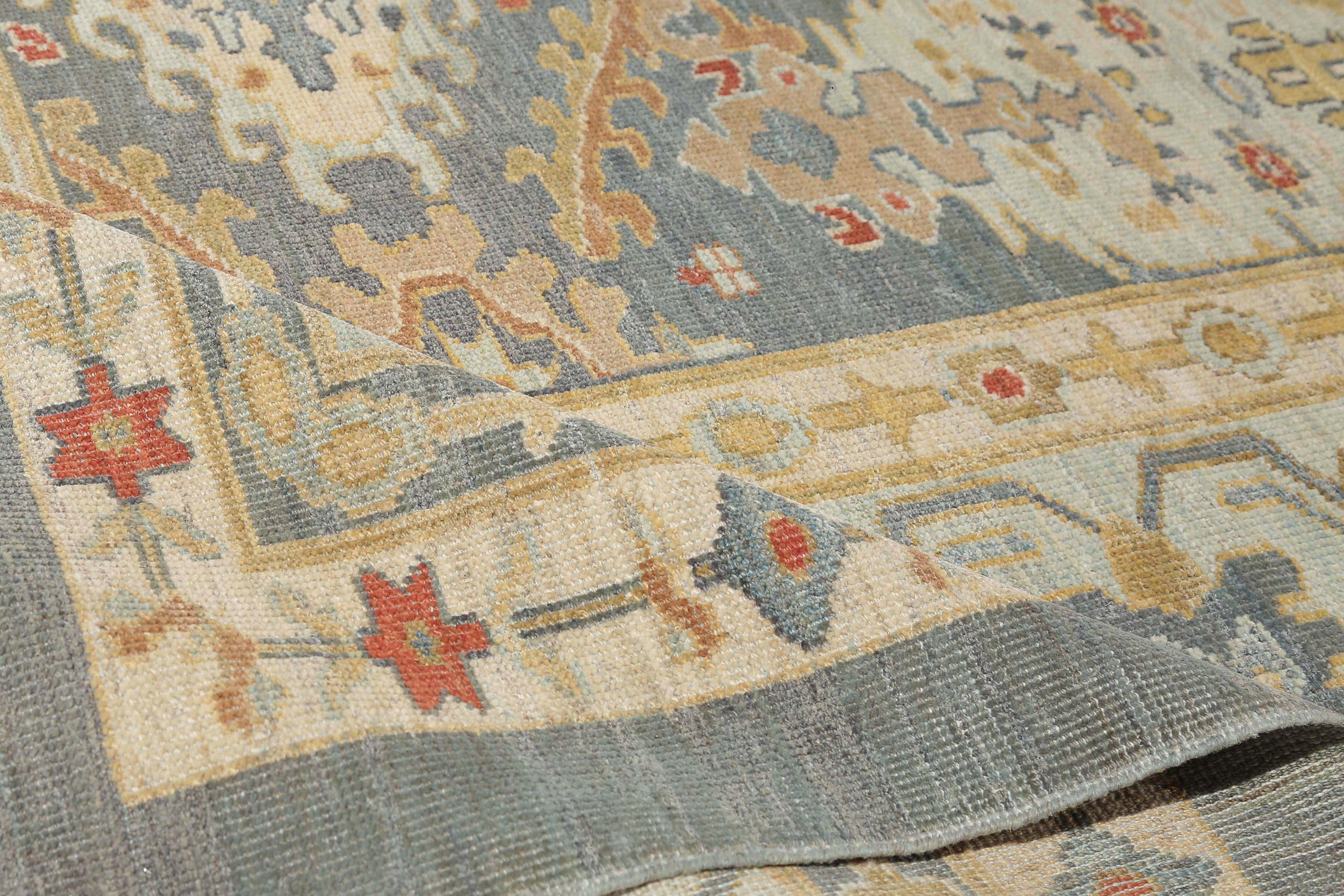Contemporary Handmade Turkish Sultanabad Rug in Blue, Red, and Yellow For Sale