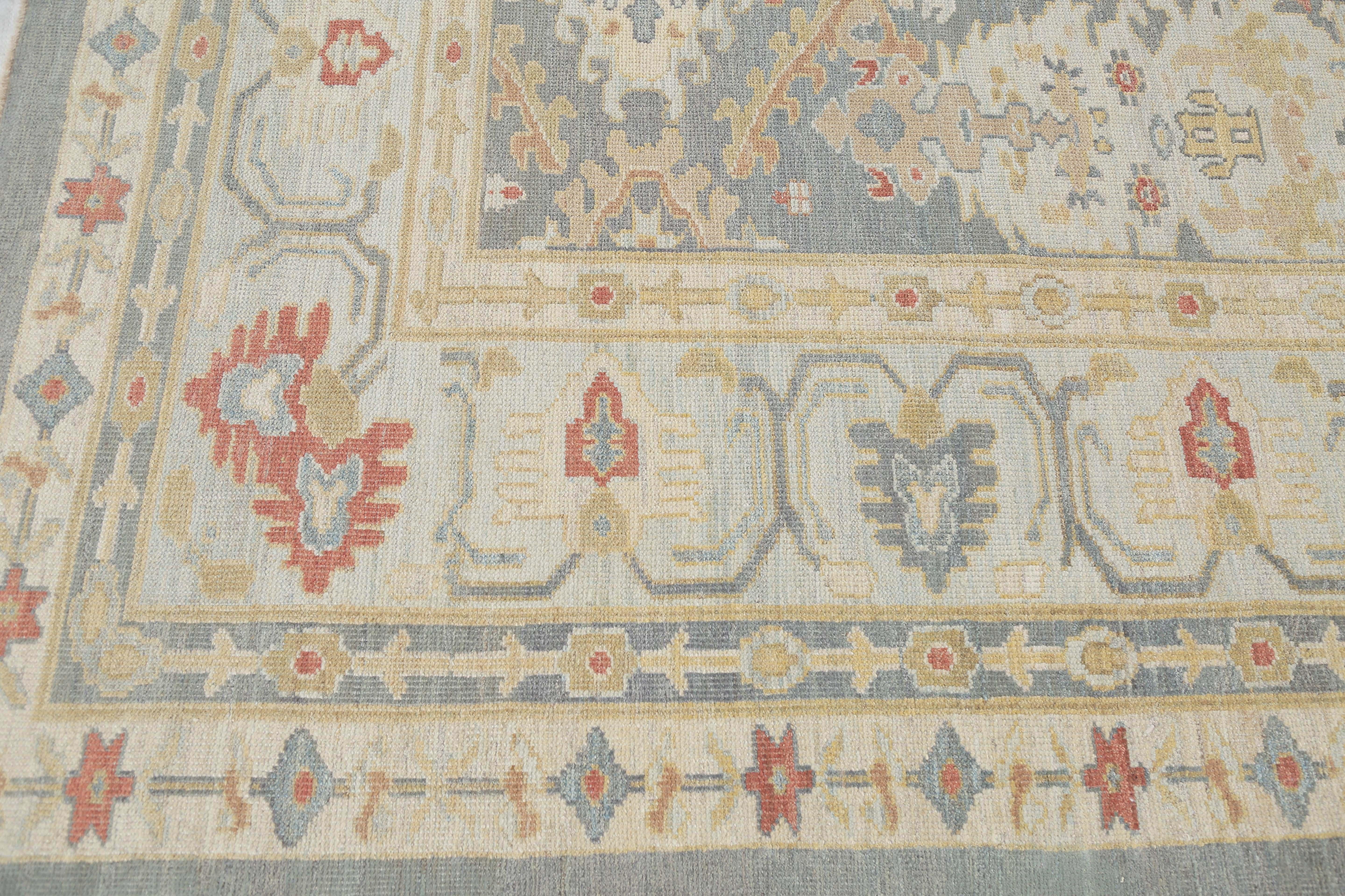 Wool Handmade Turkish Sultanabad Rug in Blue, Red, and Yellow For Sale