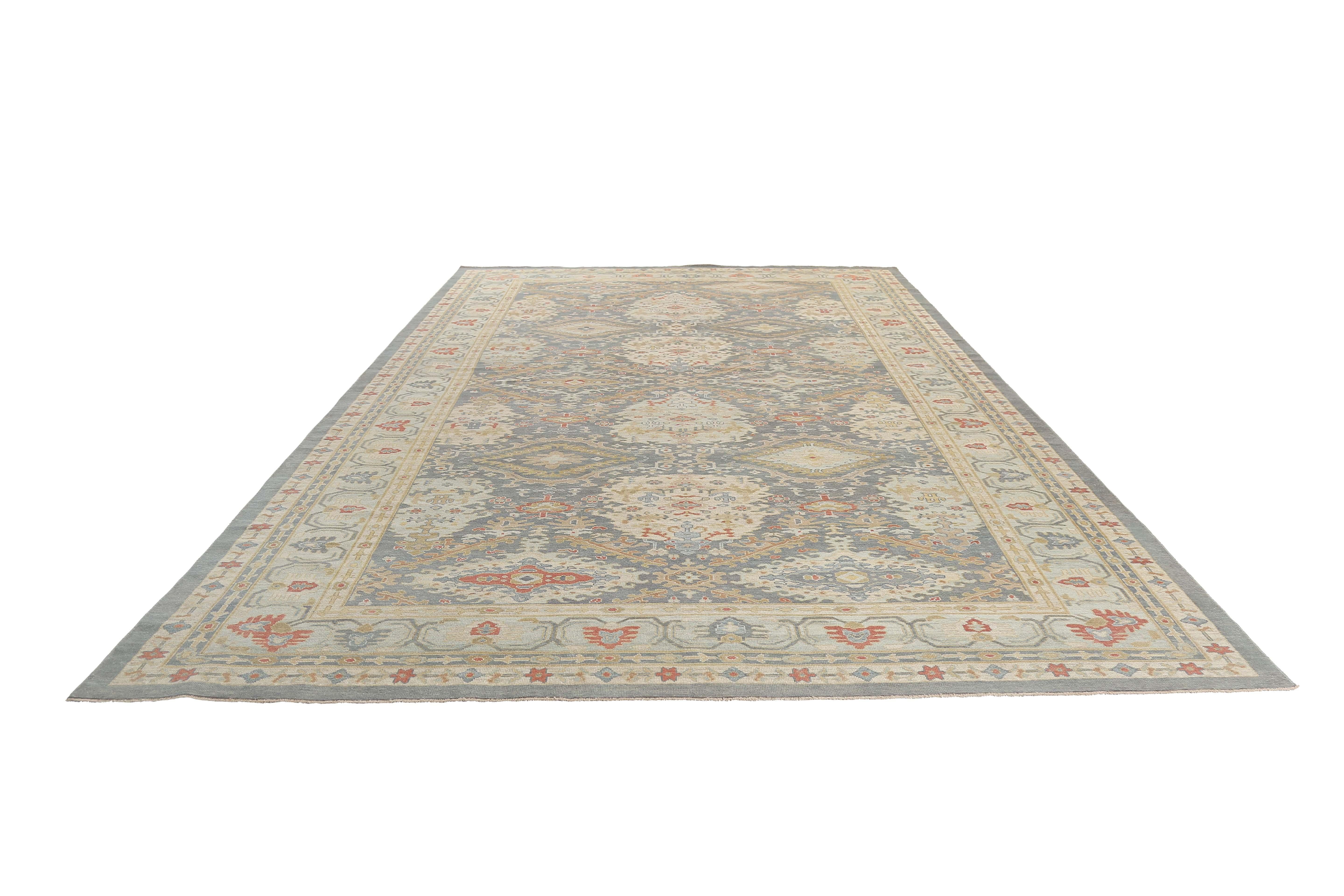 Handmade Turkish Sultanabad Rug in Blue, Red, and Yellow For Sale 2