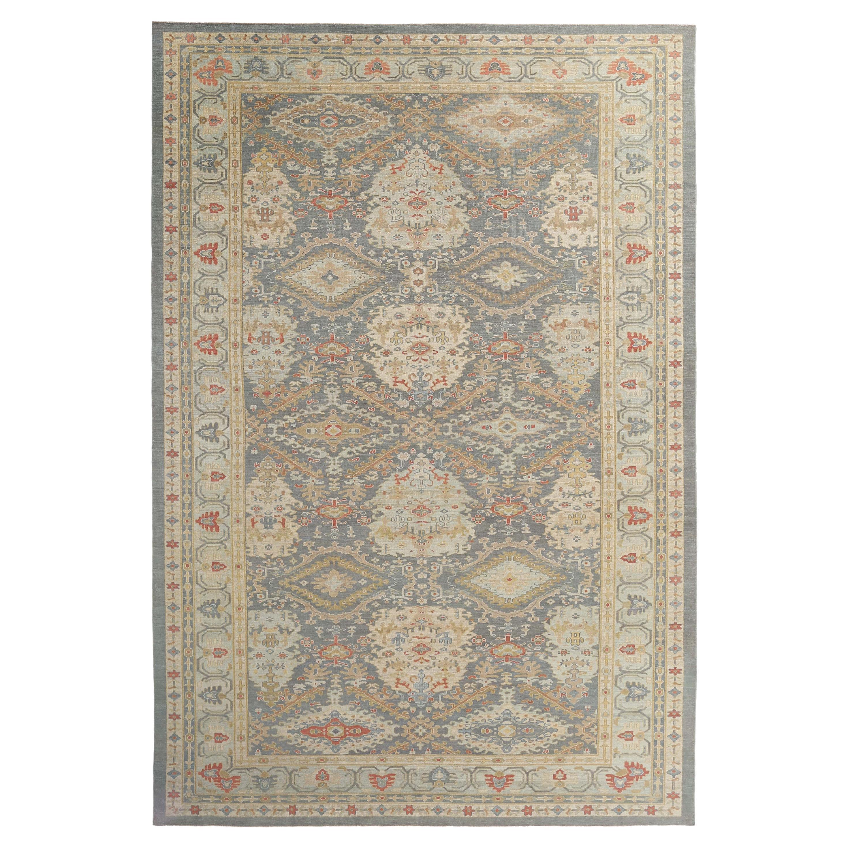 Handmade Turkish Sultanabad Rug in Blue, Red, and Yellow