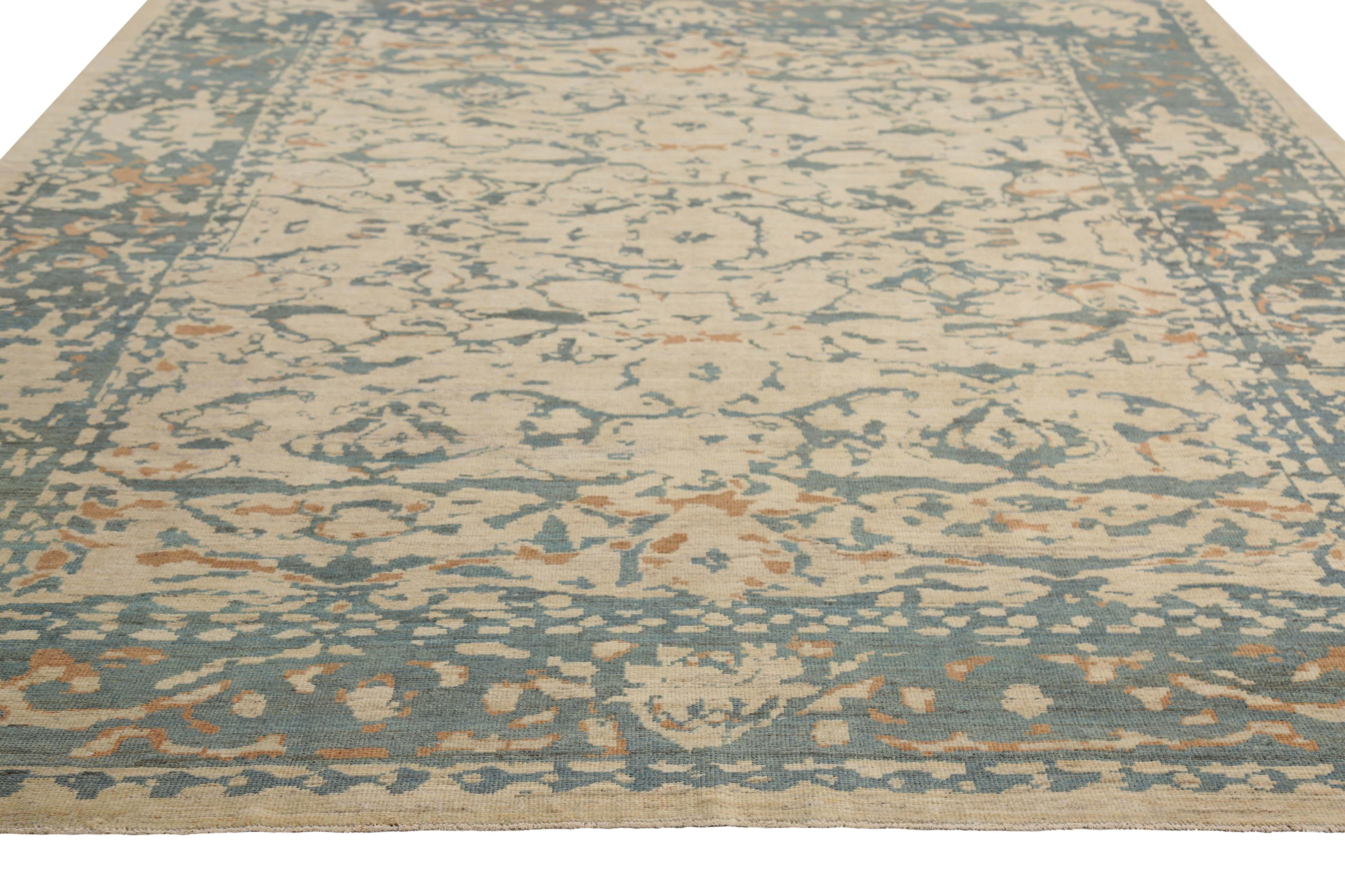 Tissé à la main Tapis turc Sultanabad fait à la main, design moderne avec col bleu, vert et orange en vente