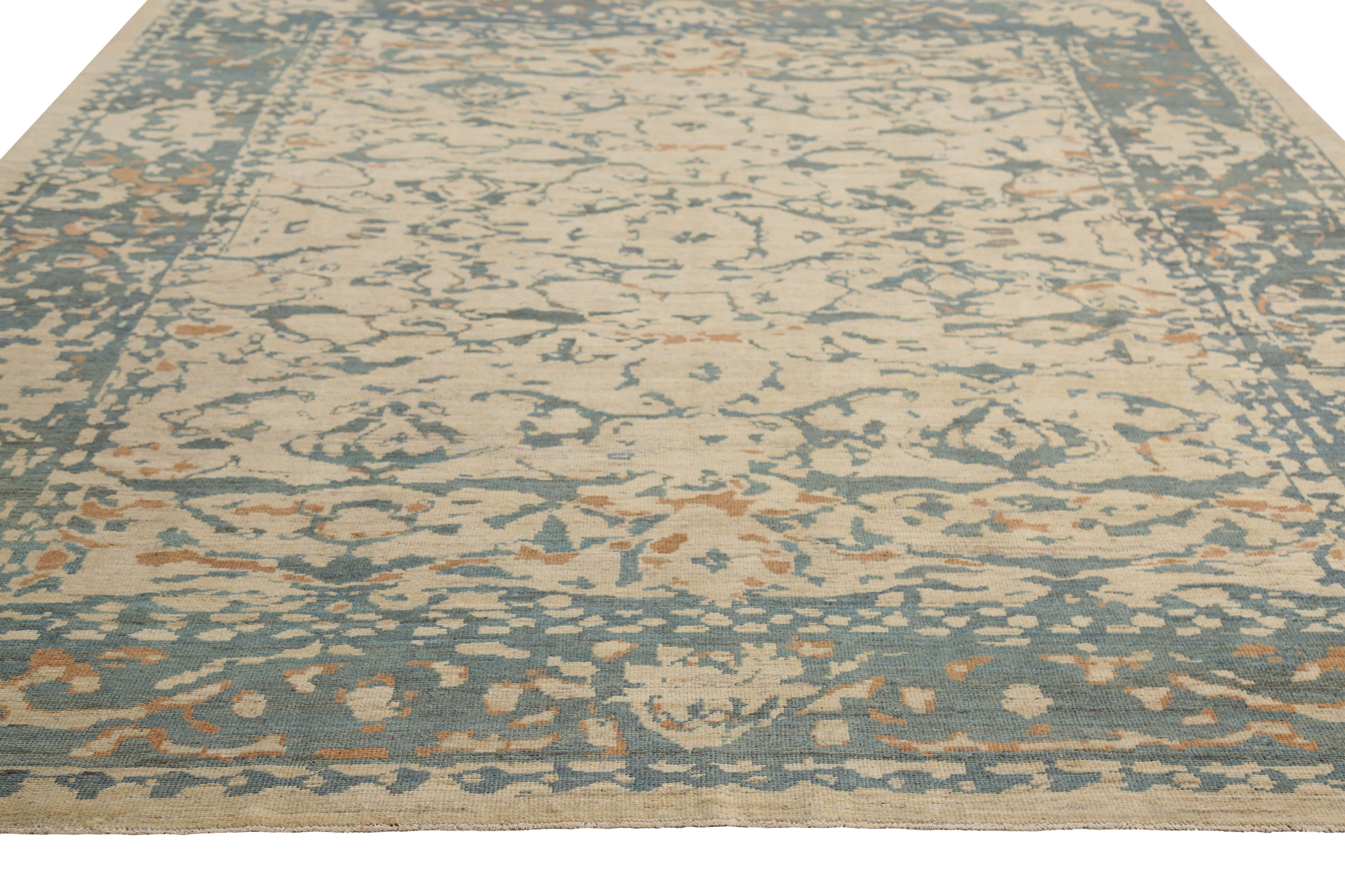 Handmade Turkish Sultanabad Rug - Modern Design with Blue, Green, and Orange Col In New Condition For Sale In Dallas, TX