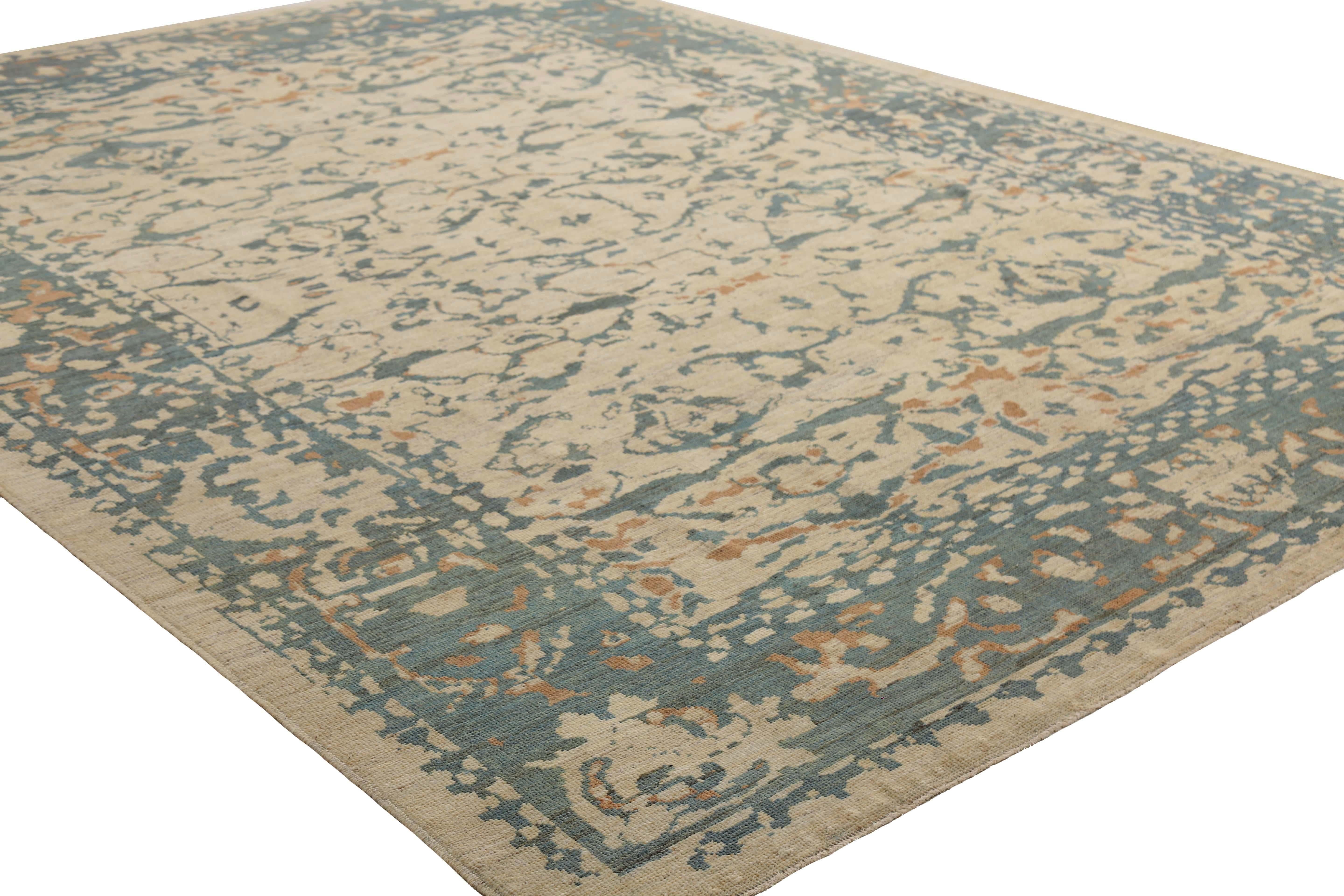 Handgefertigter türkischer Sultanabad-Teppich – modernes Design mit blauem, grünem und orangefarbenem Kragen (Wolle) im Angebot