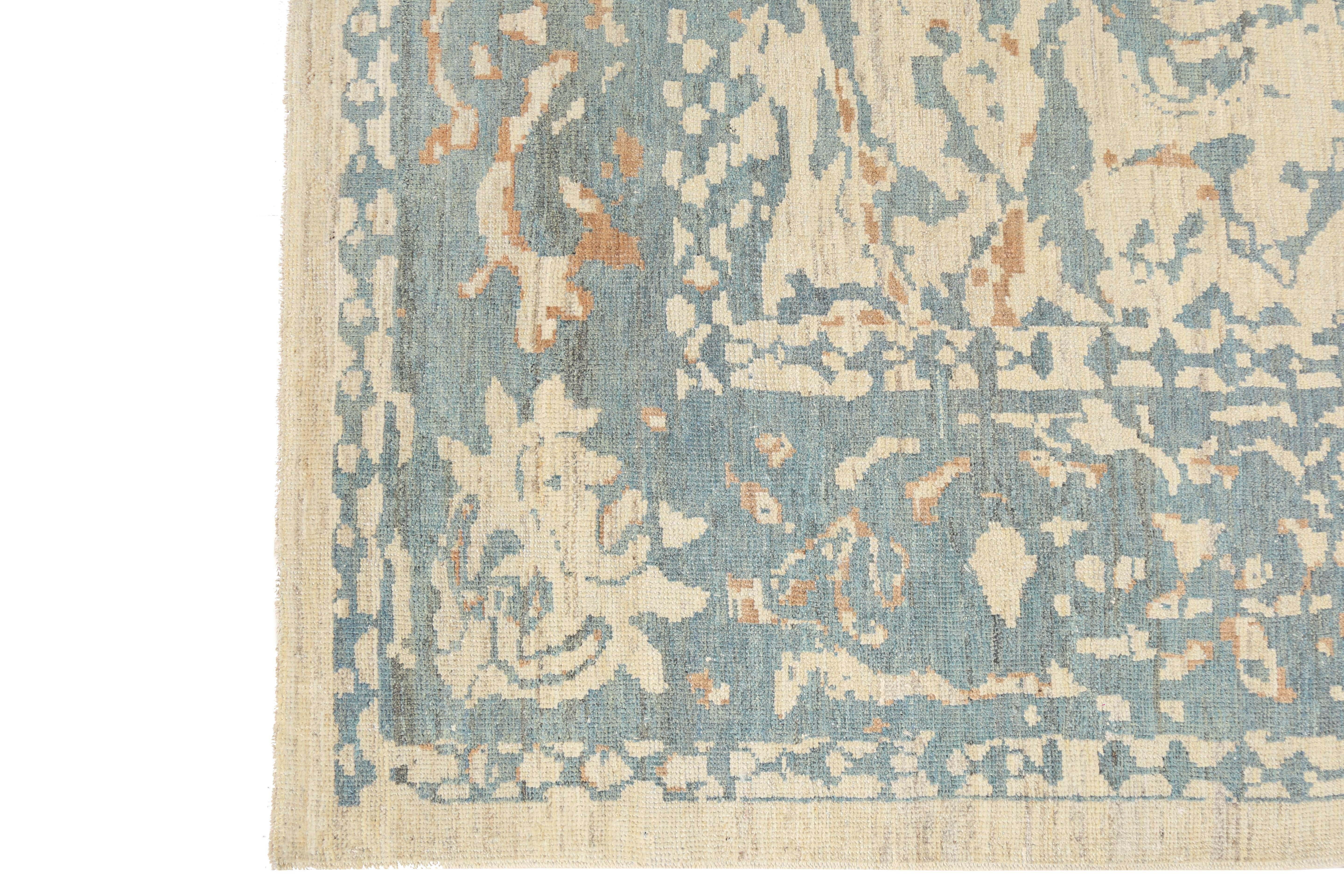 Handmade Turkish Sultanabad Rug - Modern Design with Blue, Green, and Orange Col For Sale 2