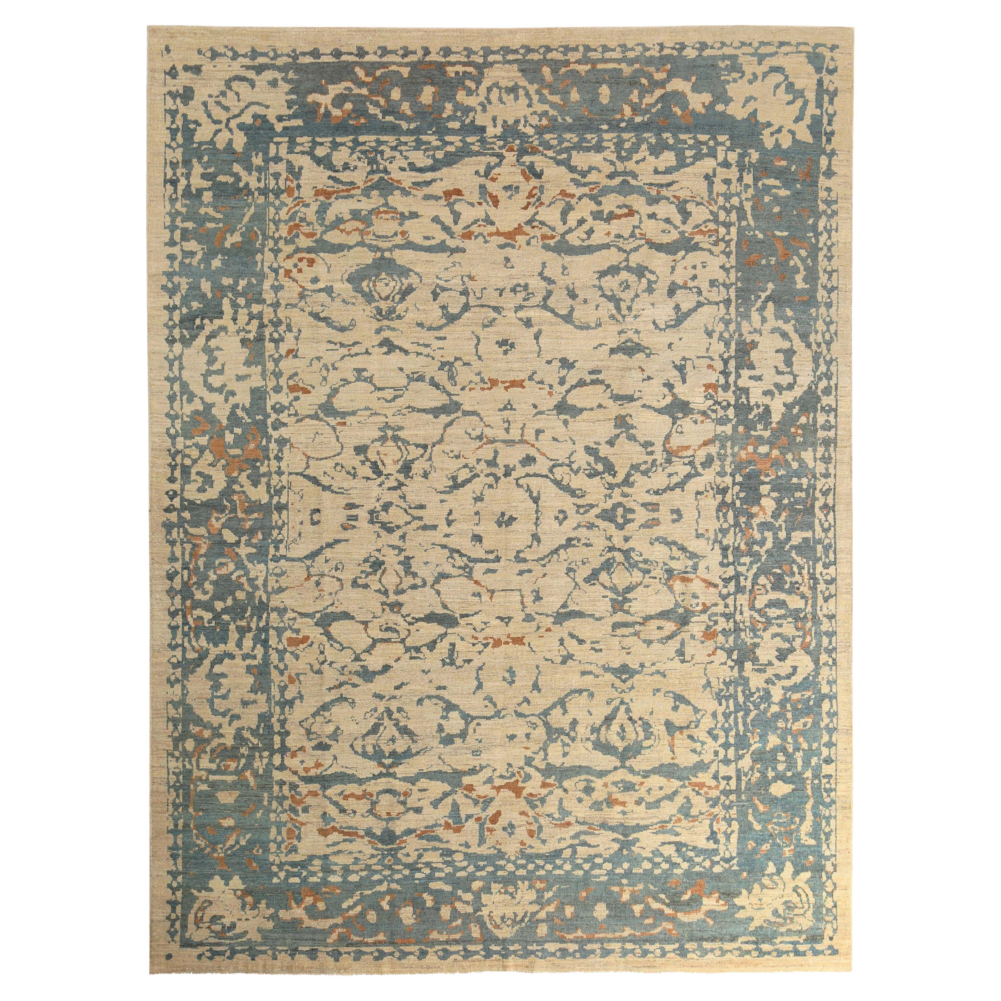 Handgefertigter türkischer Sultanabad-Teppich – modernes Design mit blauem, grünem und orangefarbenem Kragen im Angebot
