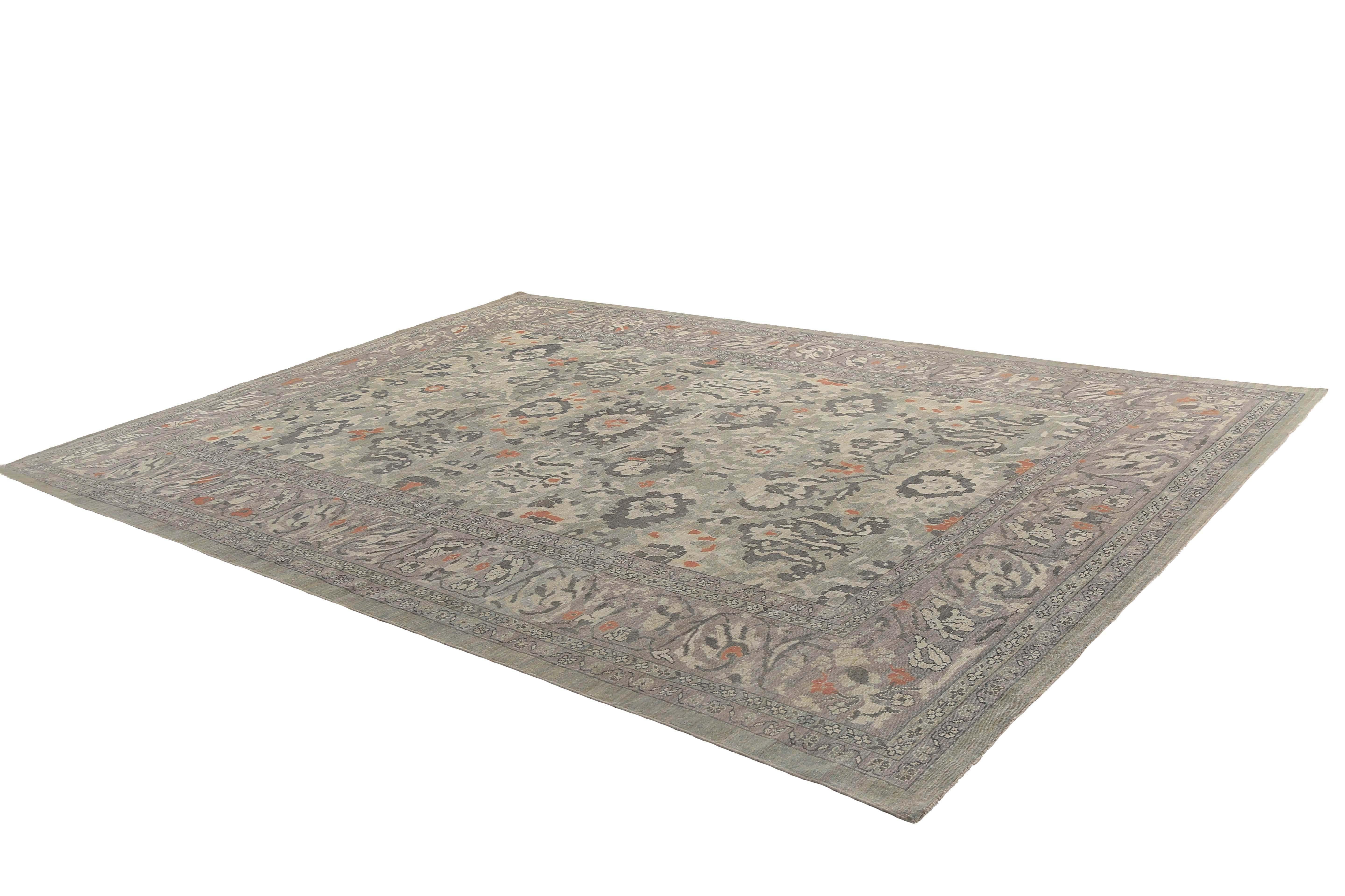 Wool Handmade Turkish Sultanabad Rug with Grey and Orange Tones For Sale