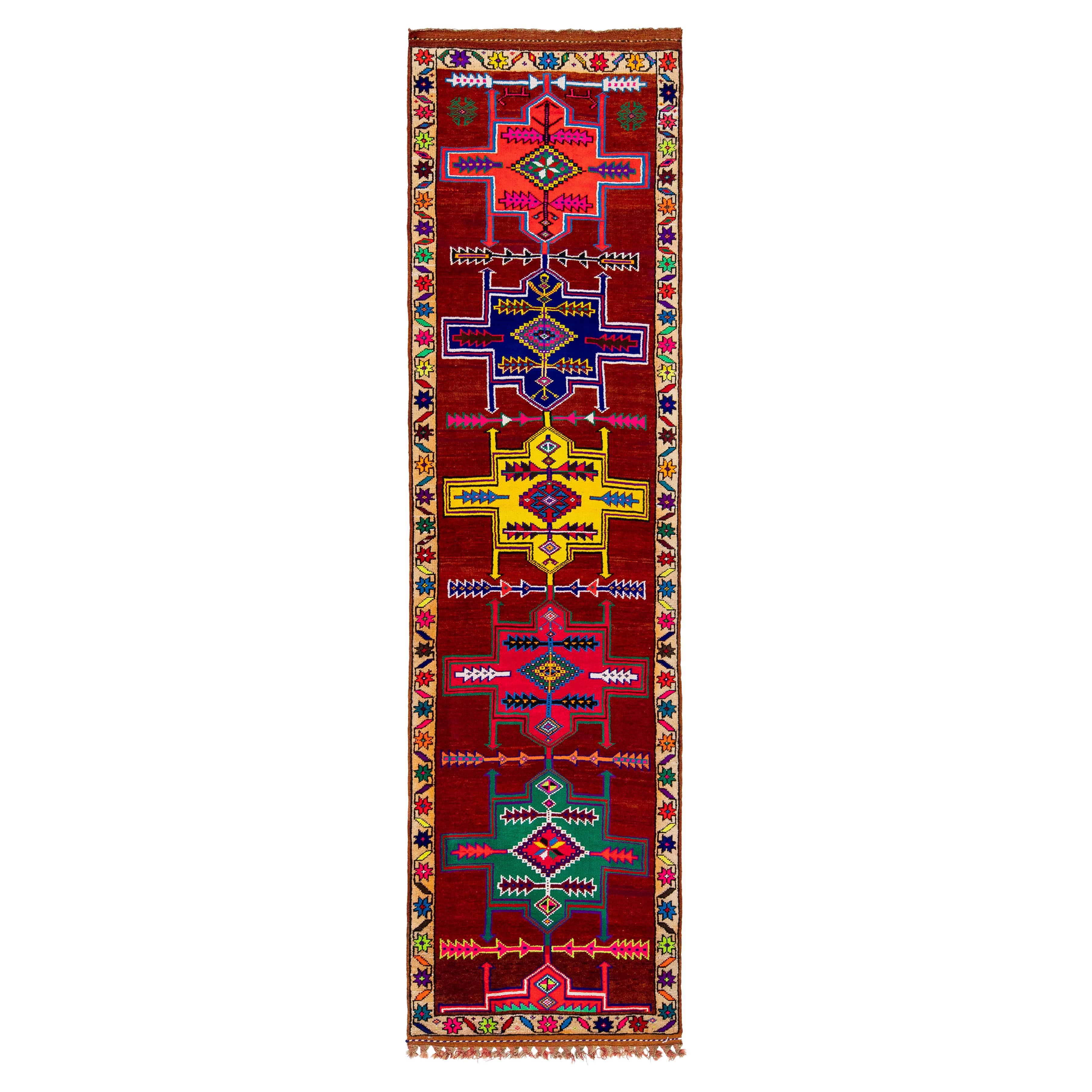 Handgemachte türkische Wolle Läufer Teppich - 3x11 Rot Anatolian Tribal Geometrische Dekor
