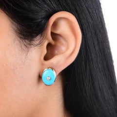 Handmade Turquoise Diamond Everyday Stud Earrings 14 Karat Yellow Gold