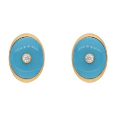 Handmade Turquoise Diamond Everyday Stud Earrings 18 Karat Yellow Gold