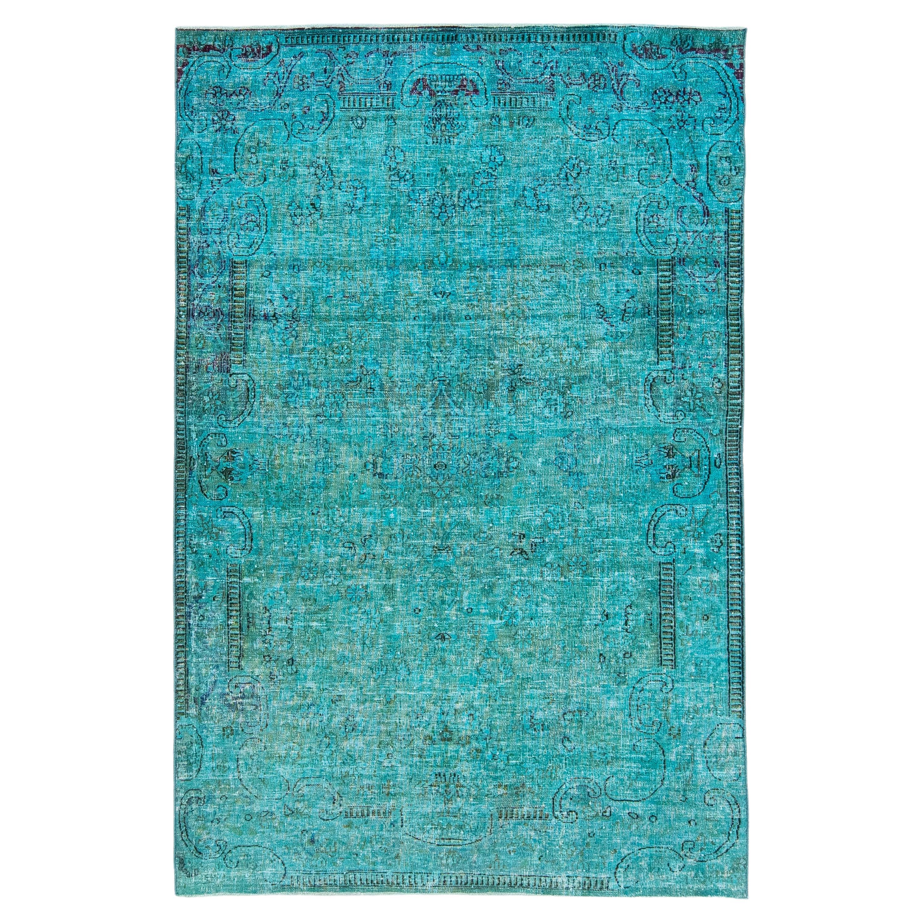 Handgefertigter türkisfarbener persischer Overdyed-Wollteppich mit Allover-Muster 4 x 6