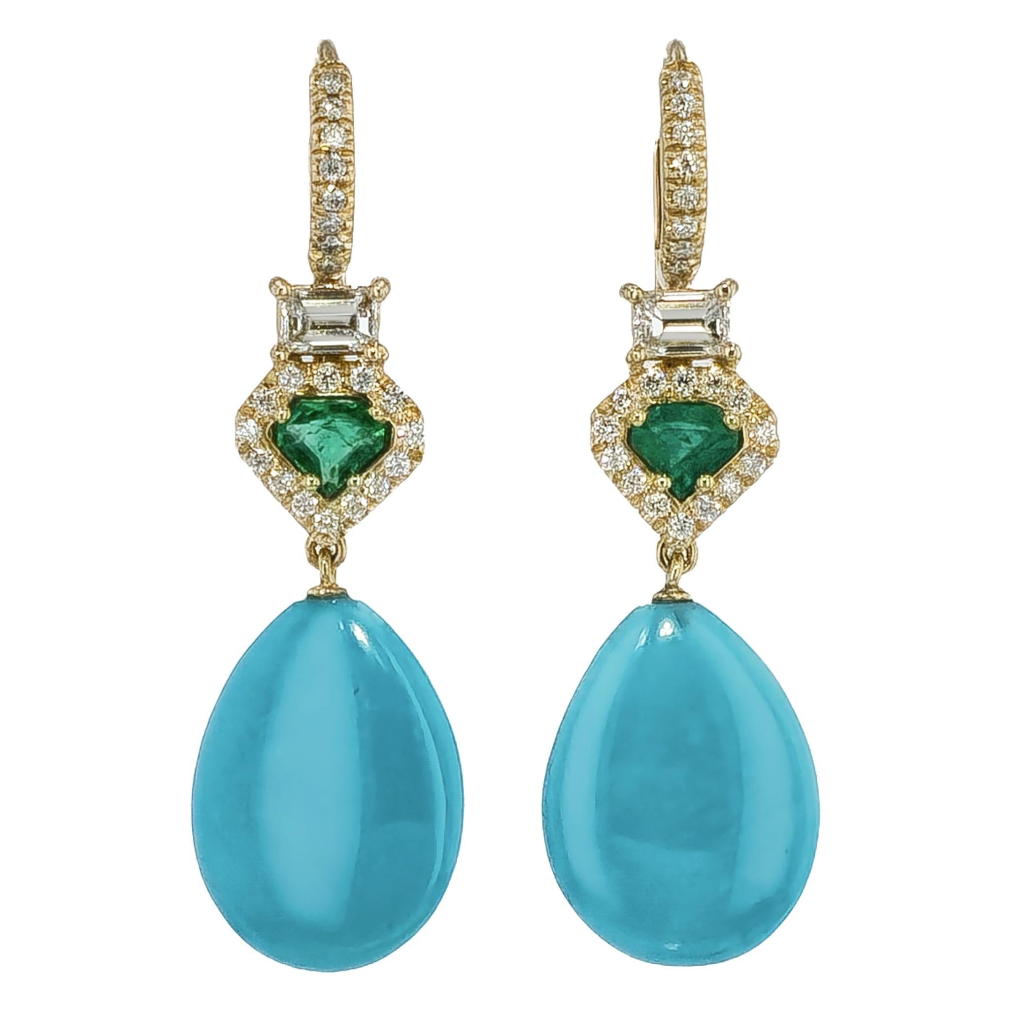 Gleaming with bright turquoise stones, these drop earrings sparkle with 2 emerald cut diamonds, 44 more pave set diamonds and two kite shaped emeralds complete the look. Crafted with 18 karat yellow gold, these handmade H&H Collection earrings are a