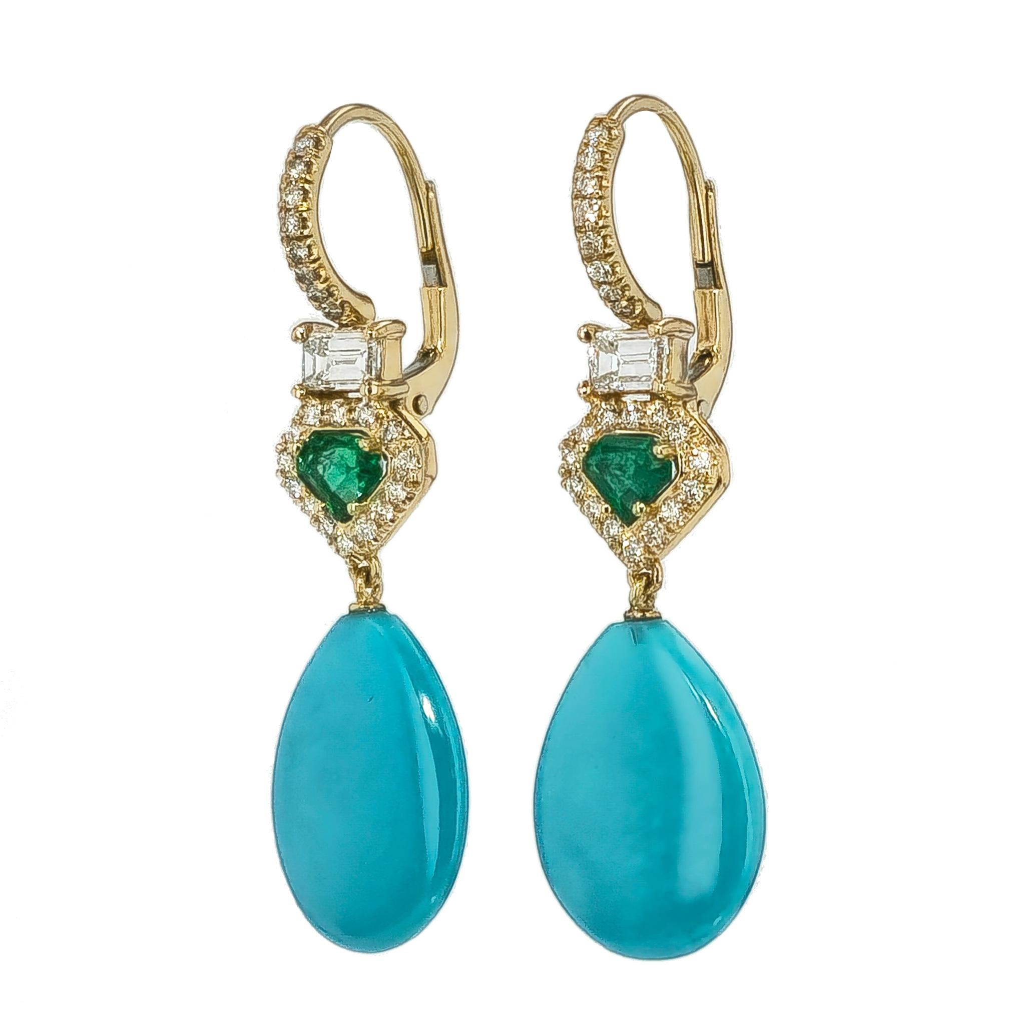 Handmade Turquoise Yellow Gold Emerald Cut and Diamond Pave Drop Earrings In New Condition For Sale In Miami, FL