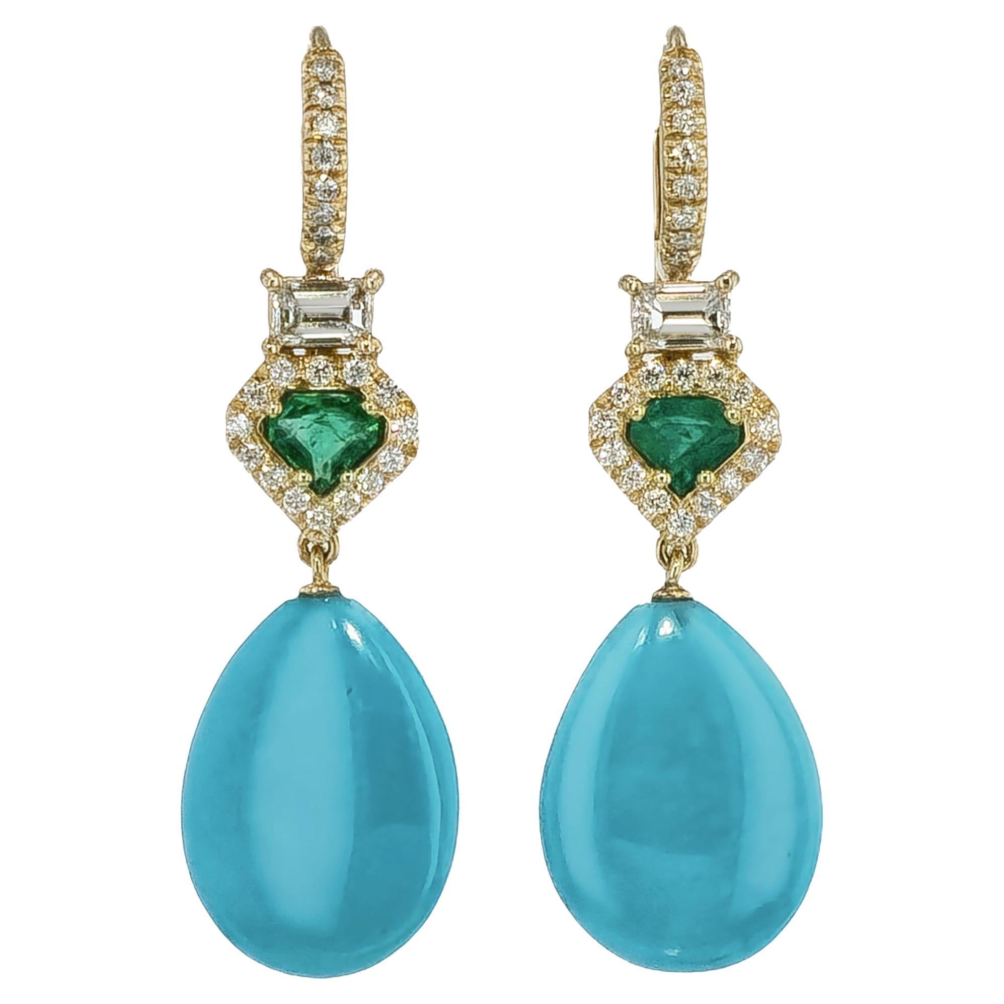 Handmade Turquoise Yellow Gold Emerald Cut and Diamond Pave Drop Earrings For Sale