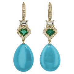 Handmade Turquoise Yellow Gold Emerald Cut and Diamond Pave Drop Earrings