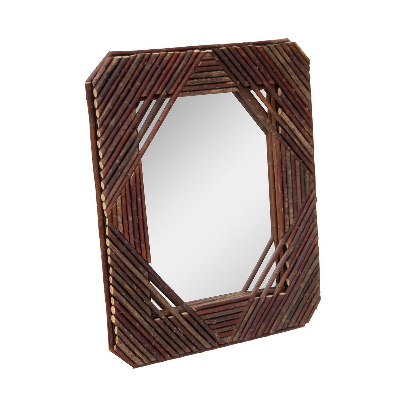 USA, 1970s
Handmade rectangular mirror made out of cut and patterned branches. Organic in a clean-lined profile. Nice visual interest at the four corners where the lines overlay the mirror. Mounted on plywood with mirror insert. Beautiful twigwork