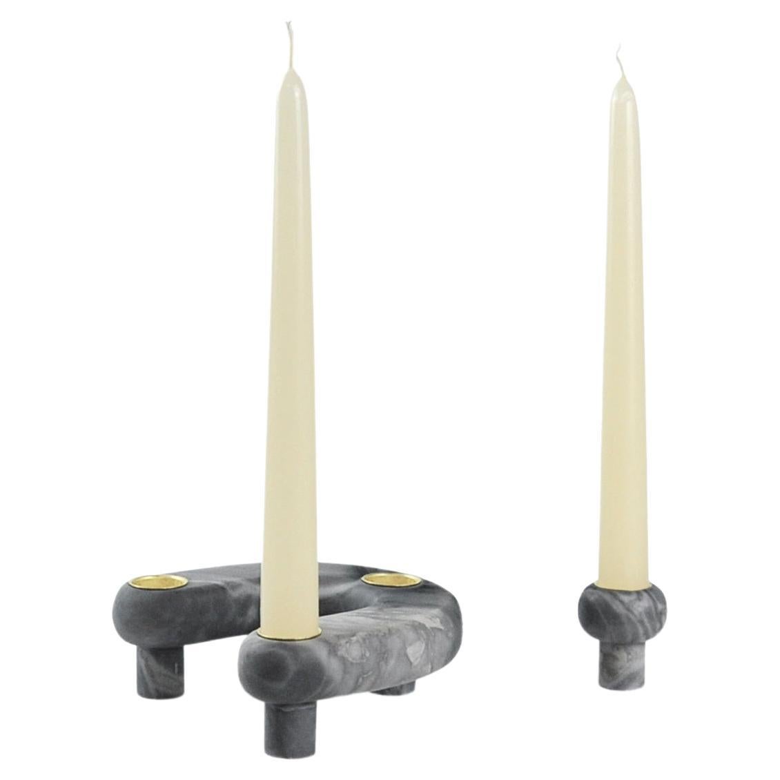 Handmade U Shape Candle Holder with Pod in Grey Bardiglio Marble and Brass