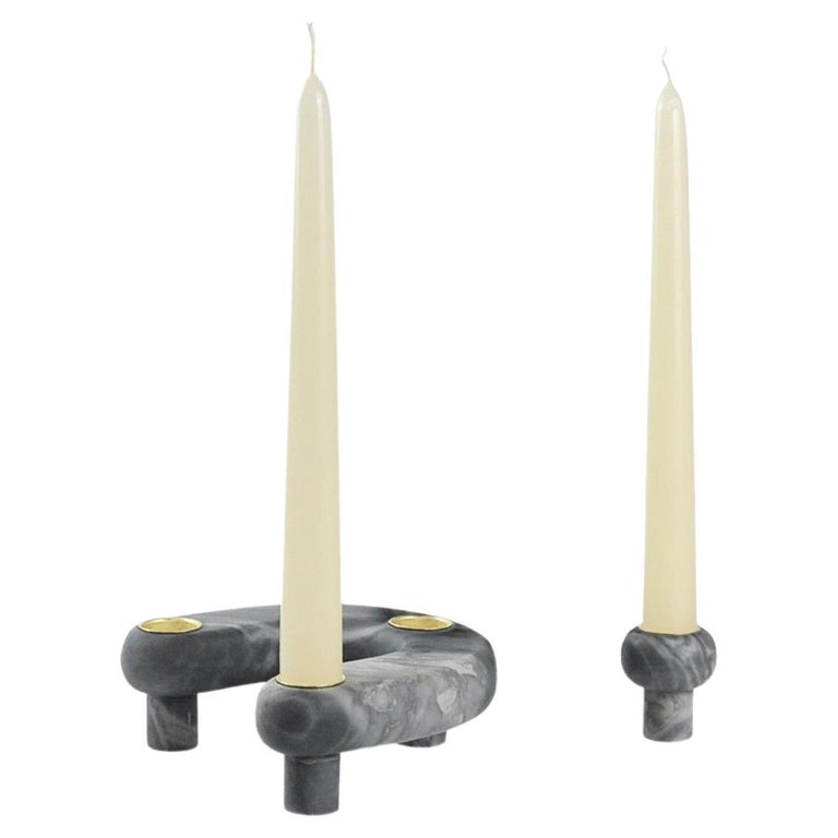 Handmade U Shape Candle Holder with Pod in Grey Bardiglio Marble and