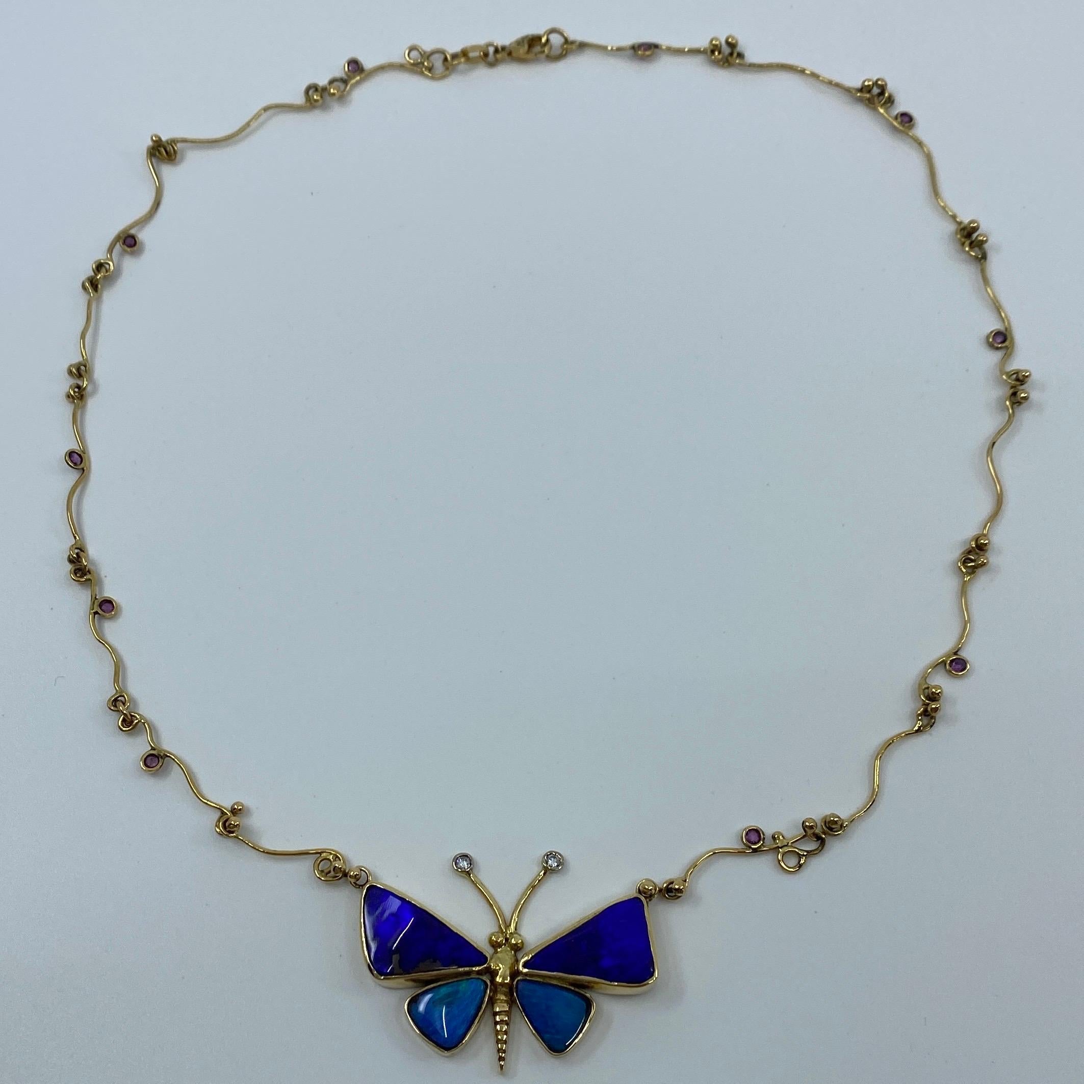 Handmade Unique Australian Black Opal Diamond & Sapphire Butterfly Gold Necklace For Sale 1