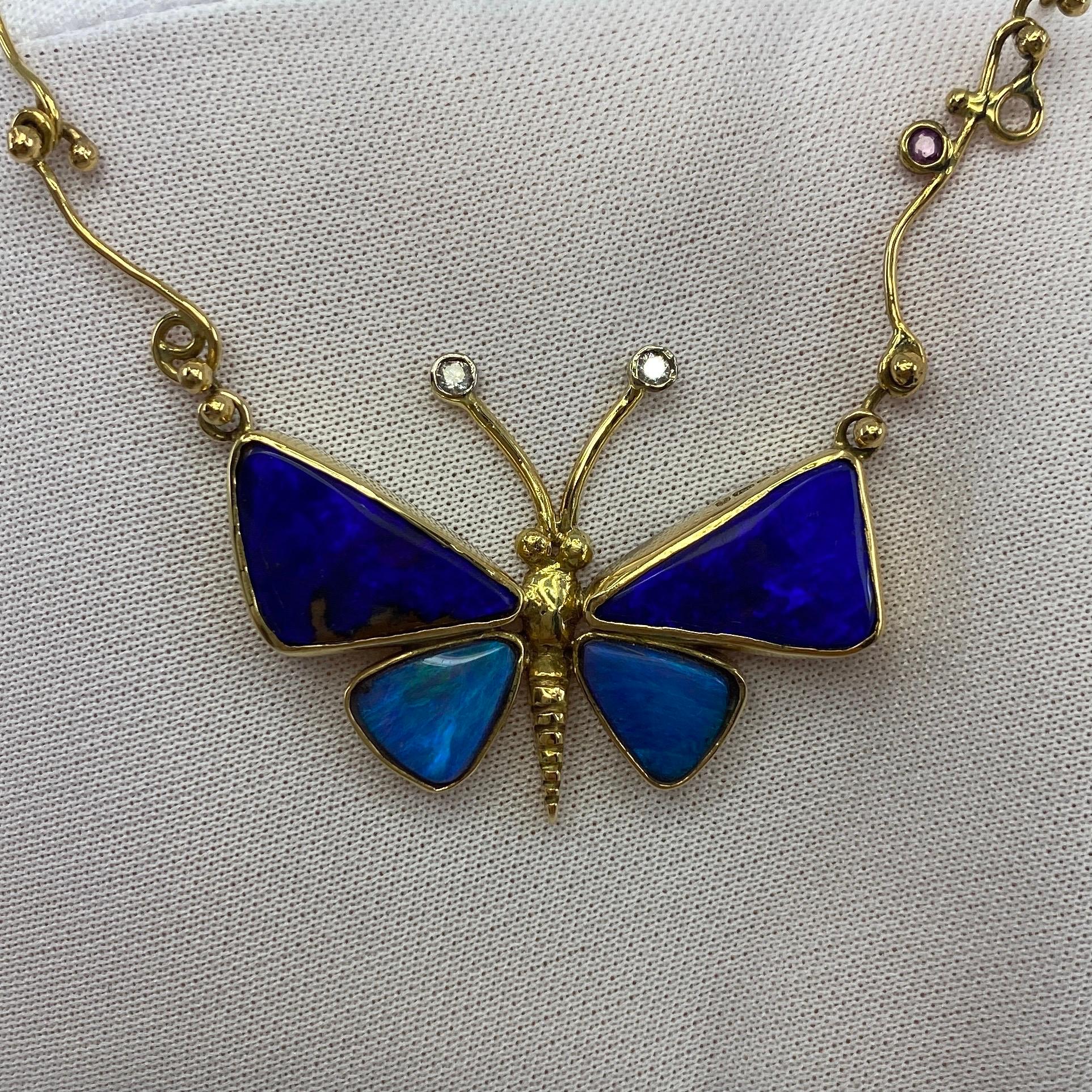 Handmade Unique Australian Black Opal Diamond & Sapphire Butterfly Gold Necklace For Sale 2