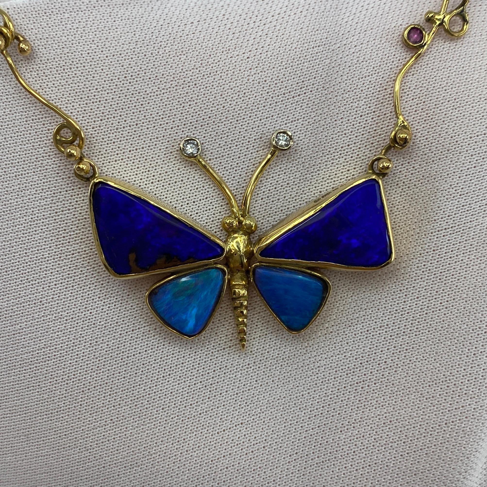 Handmade Unique Australian Black Opal Diamond & Sapphire Butterfly Gold Necklace For Sale 3