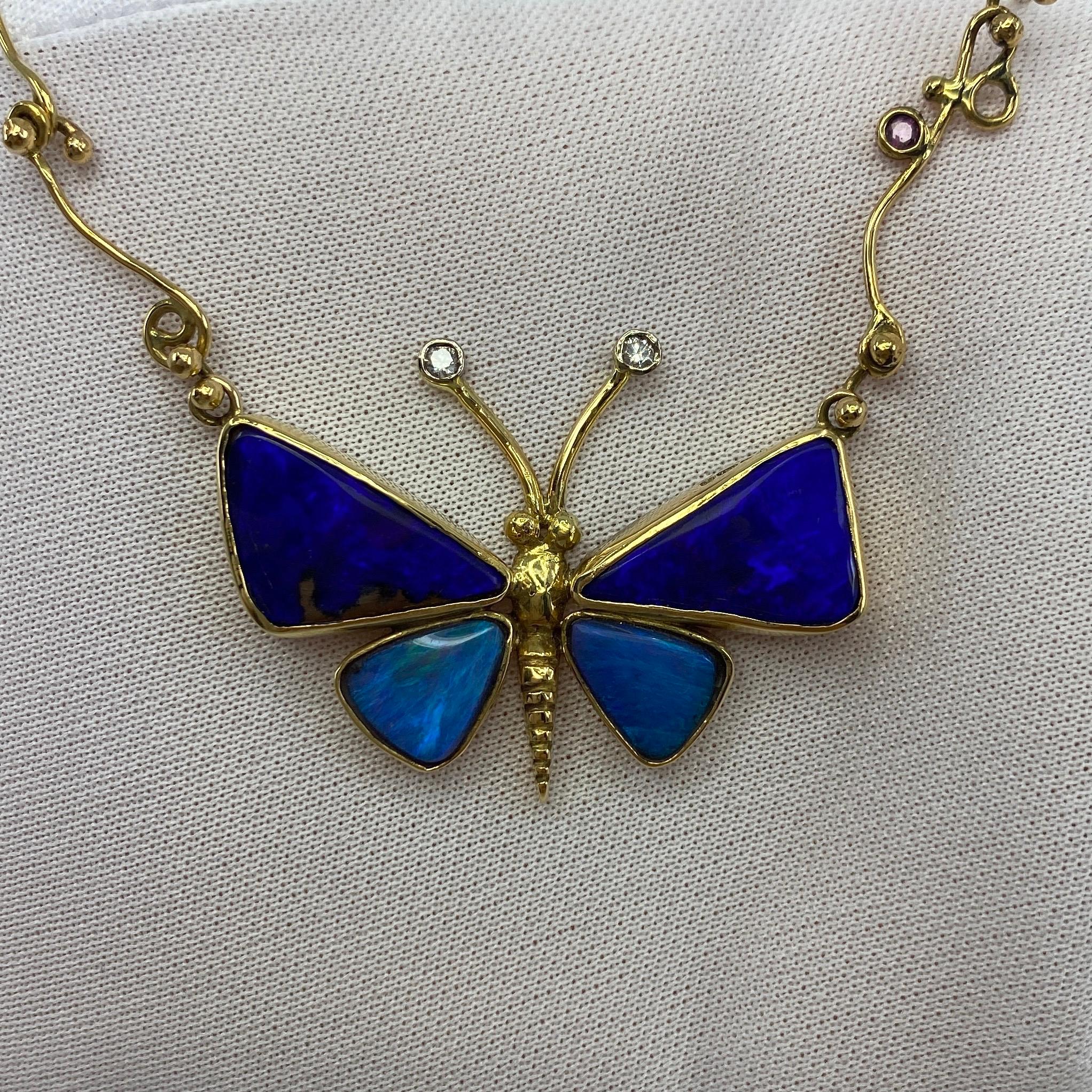 Handmade Unique Australian Black Opal Diamond & Sapphire Butterfly Gold Necklace For Sale 4