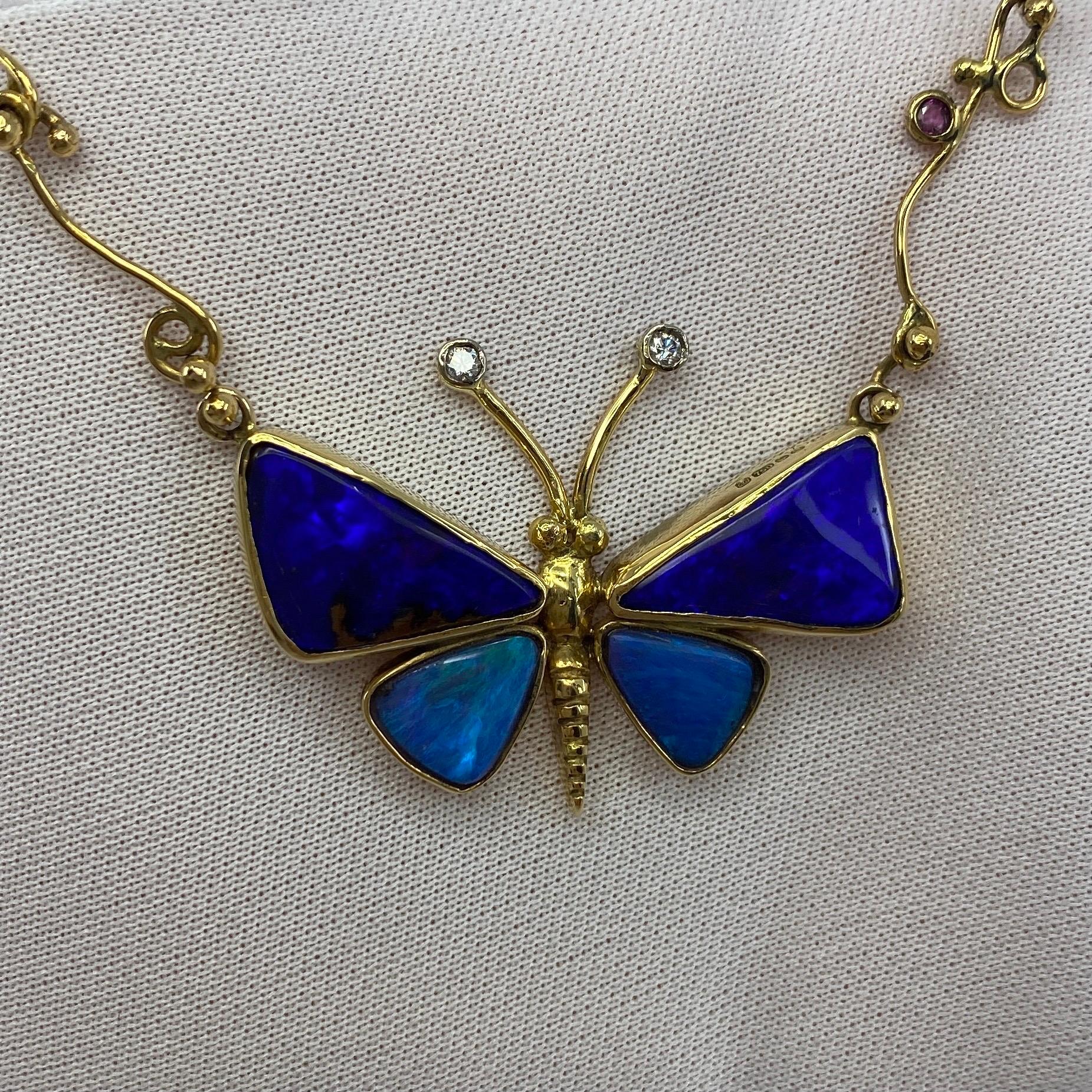 Handmade Unique Australian Black Opal Diamond & Sapphire Butterfly Gold Necklace For Sale 5