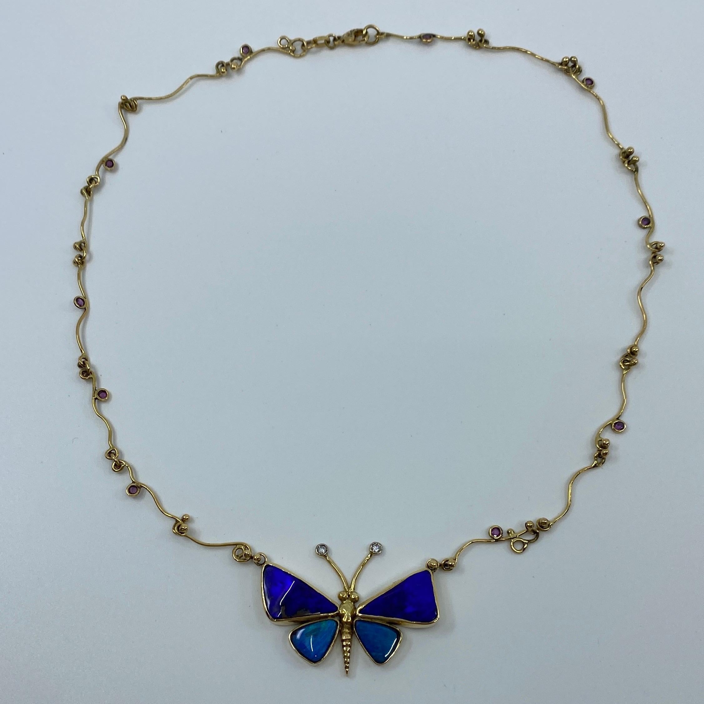 Handmade Unique Australian Black Opal Diamond & Sapphire Butterfly Gold Necklace For Sale 6