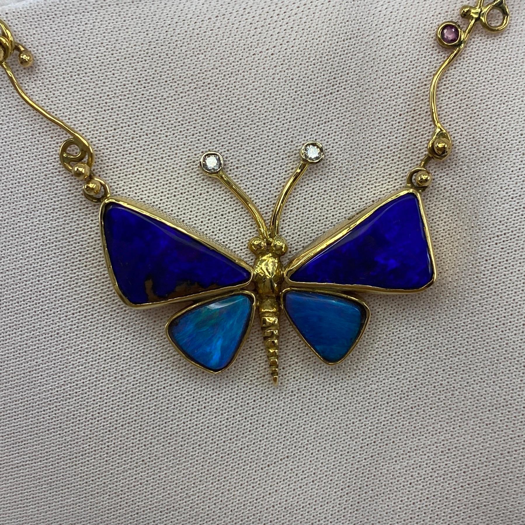Art Nouveau Handmade Unique Australian Black Opal Diamond & Sapphire Butterfly Gold Necklace For Sale