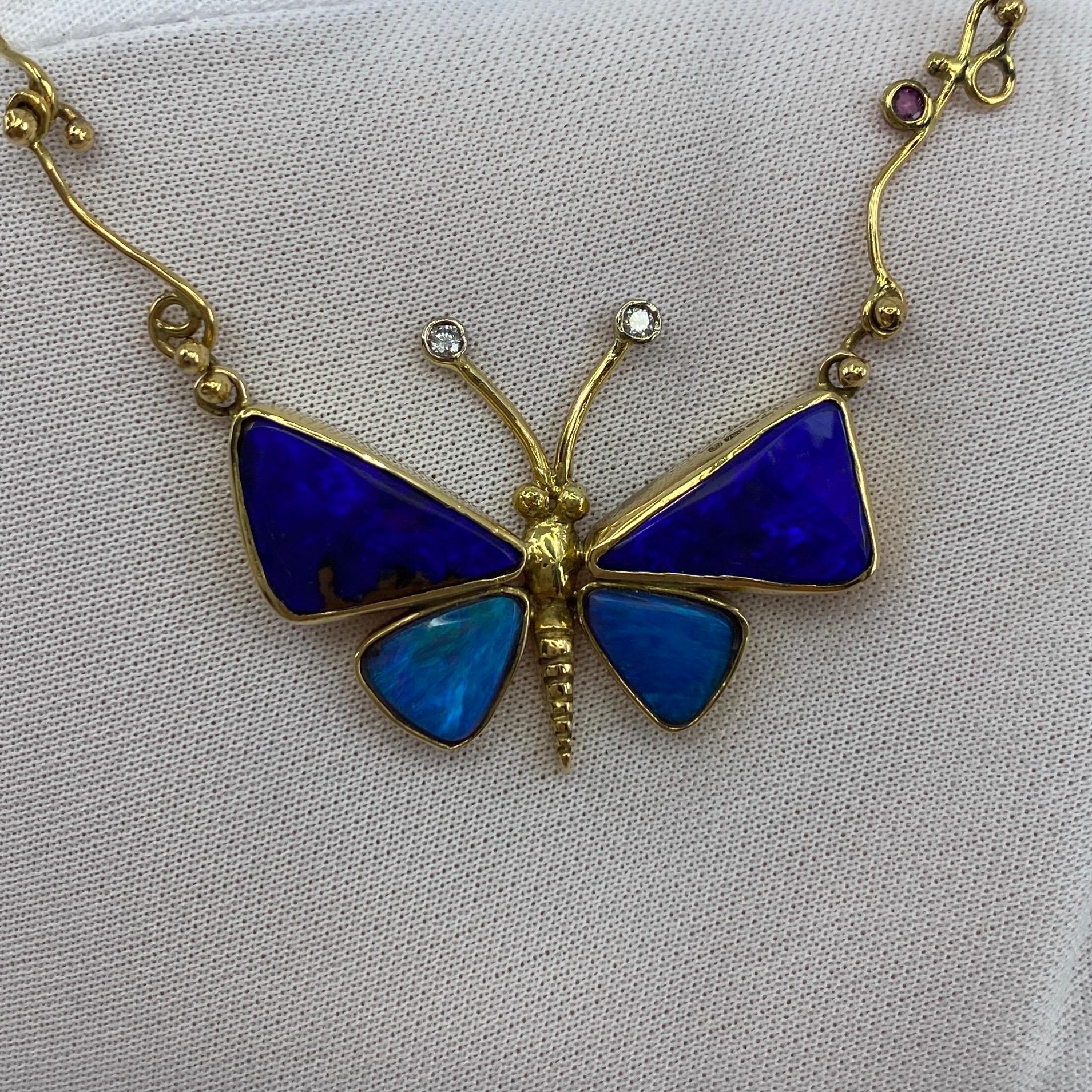Round Cut Handmade Unique Australian Black Opal Diamond & Sapphire Butterfly Gold Necklace For Sale
