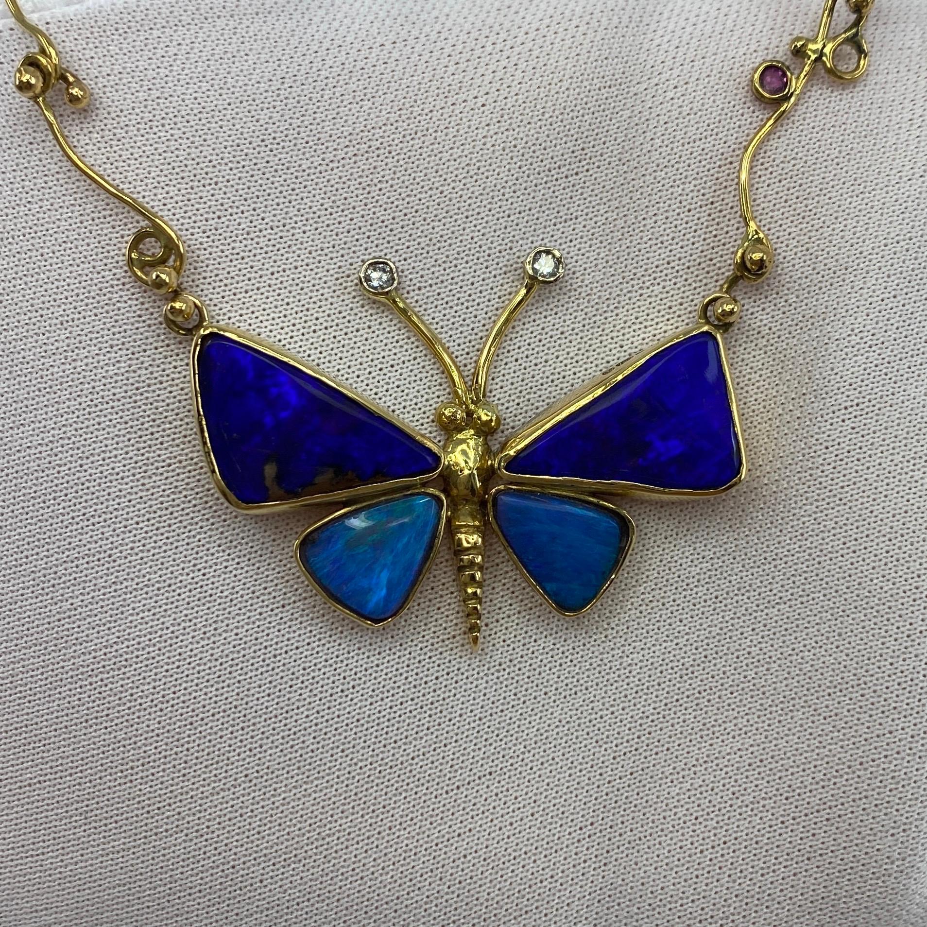 Handmade Unique Australian Black Opal Diamond & Sapphire Butterfly Gold Necklace In New Condition For Sale In Birmingham, GB