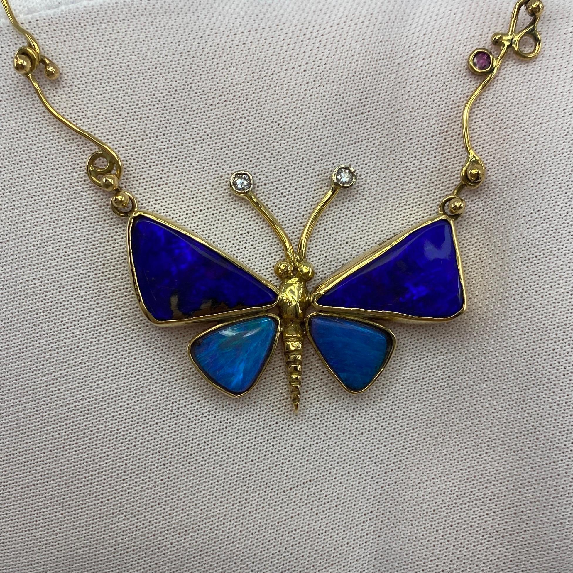 Women's or Men's Handmade Unique Australian Black Opal Diamond & Sapphire Butterfly Gold Necklace For Sale