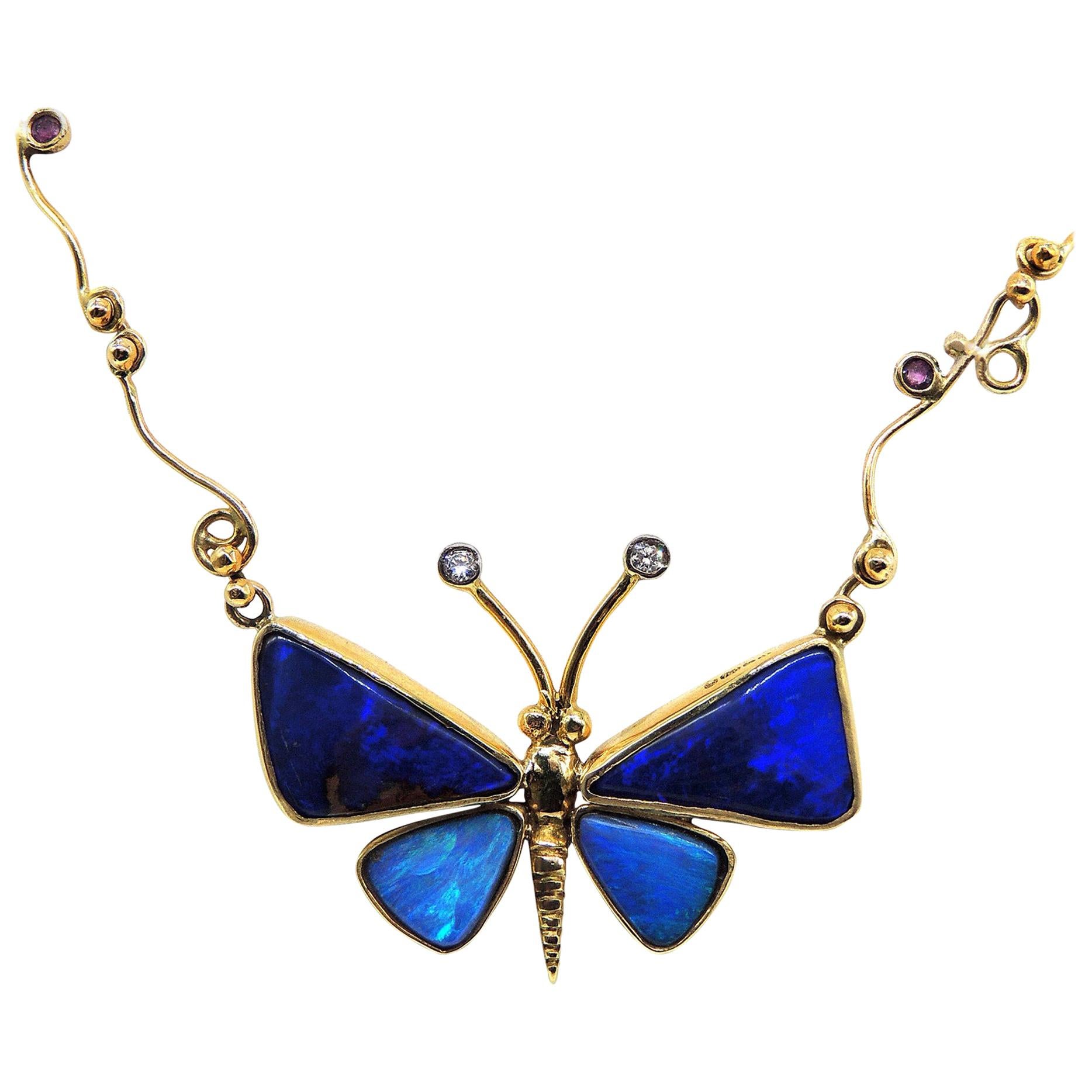 Handmade Unique Australian Black Opal Diamond & Sapphire Butterfly Gold Necklace For Sale